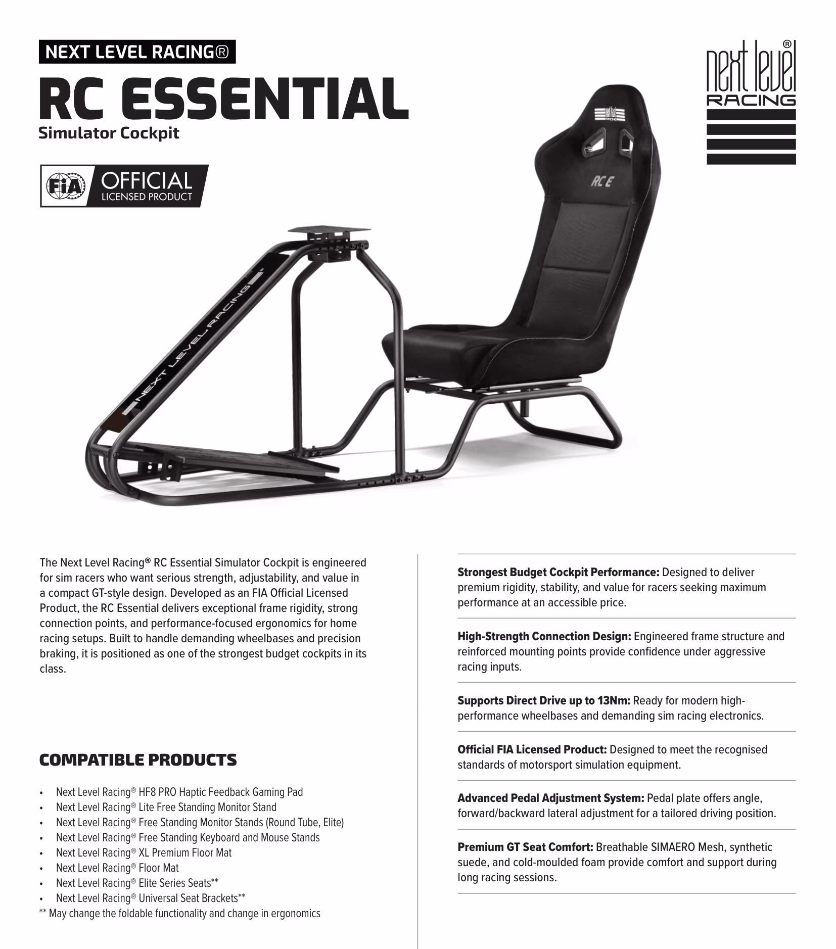 Next Level Racing RC Essential simulator cockpit (NLR-R016) showing the matte black rigid frame and FIA-licensed SIMAERO mesh GT racing seat