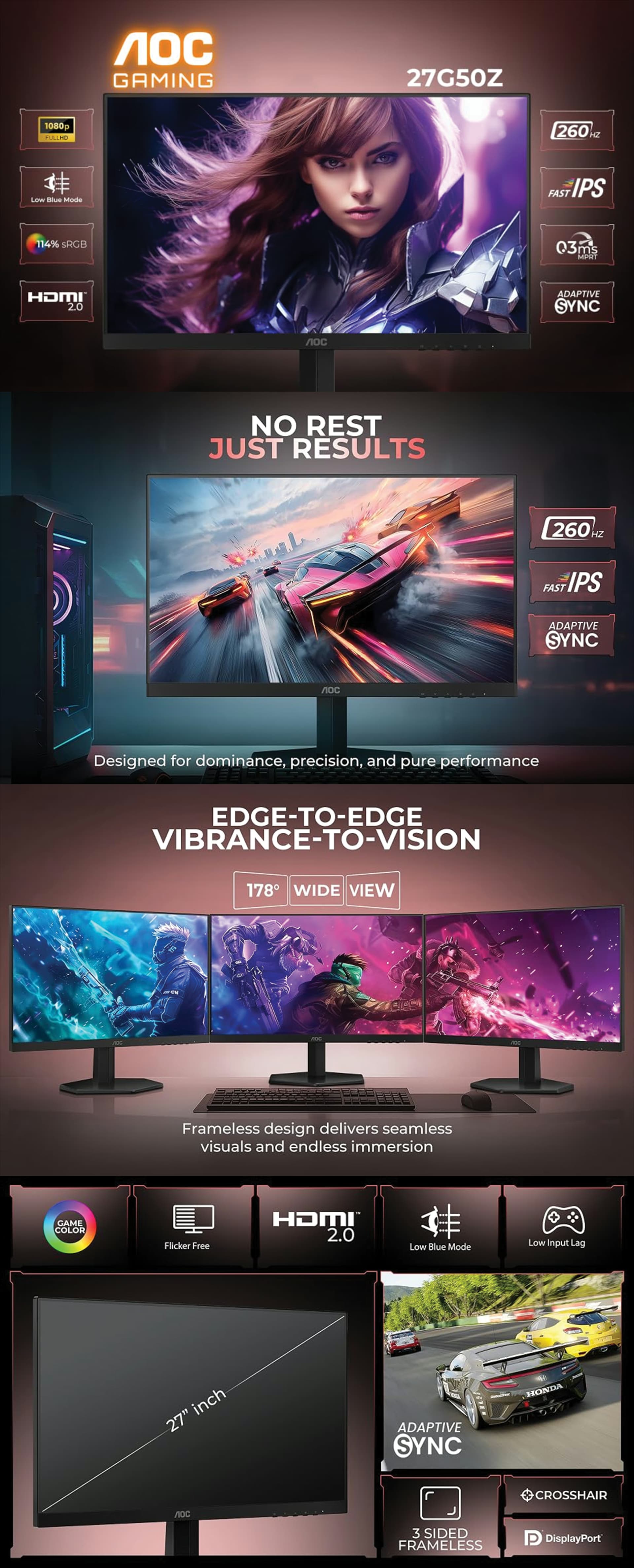 AOC 27G50Z-89 27 inch flat IPS gaming monitor 260Hz overclocked FHD 1920x1080 0.3ms AMD FreeSync Premium NVIDIA G-Sync compatible black competitive gaming display HF5WQK29ACACDNE
