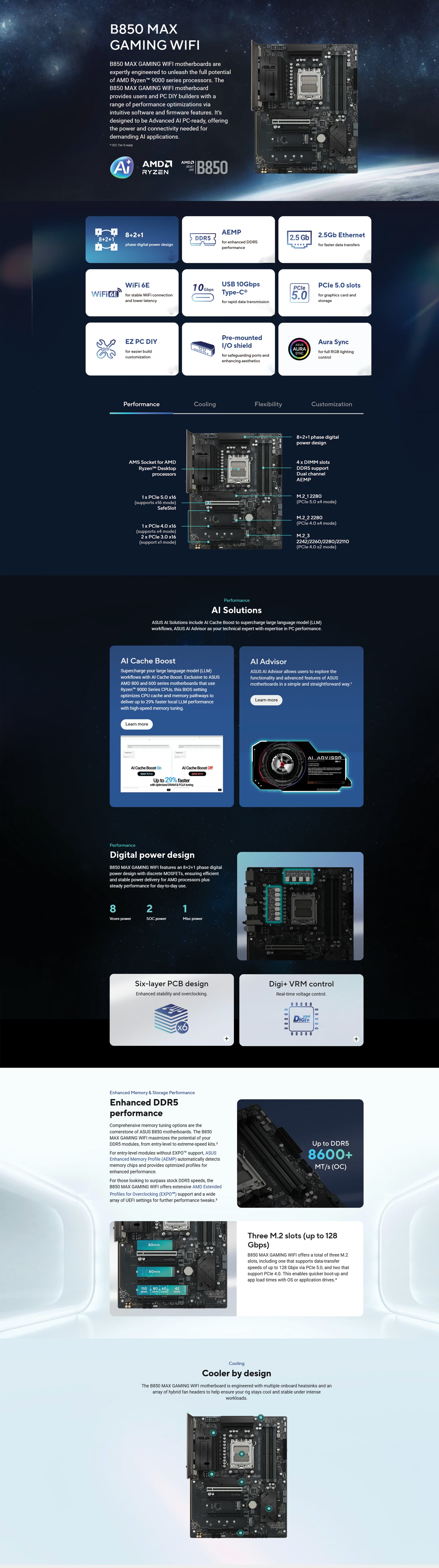 ASUS B850 MAX Gaming WiFi AI PC ready AMD Ryzen AI NPU platform detail