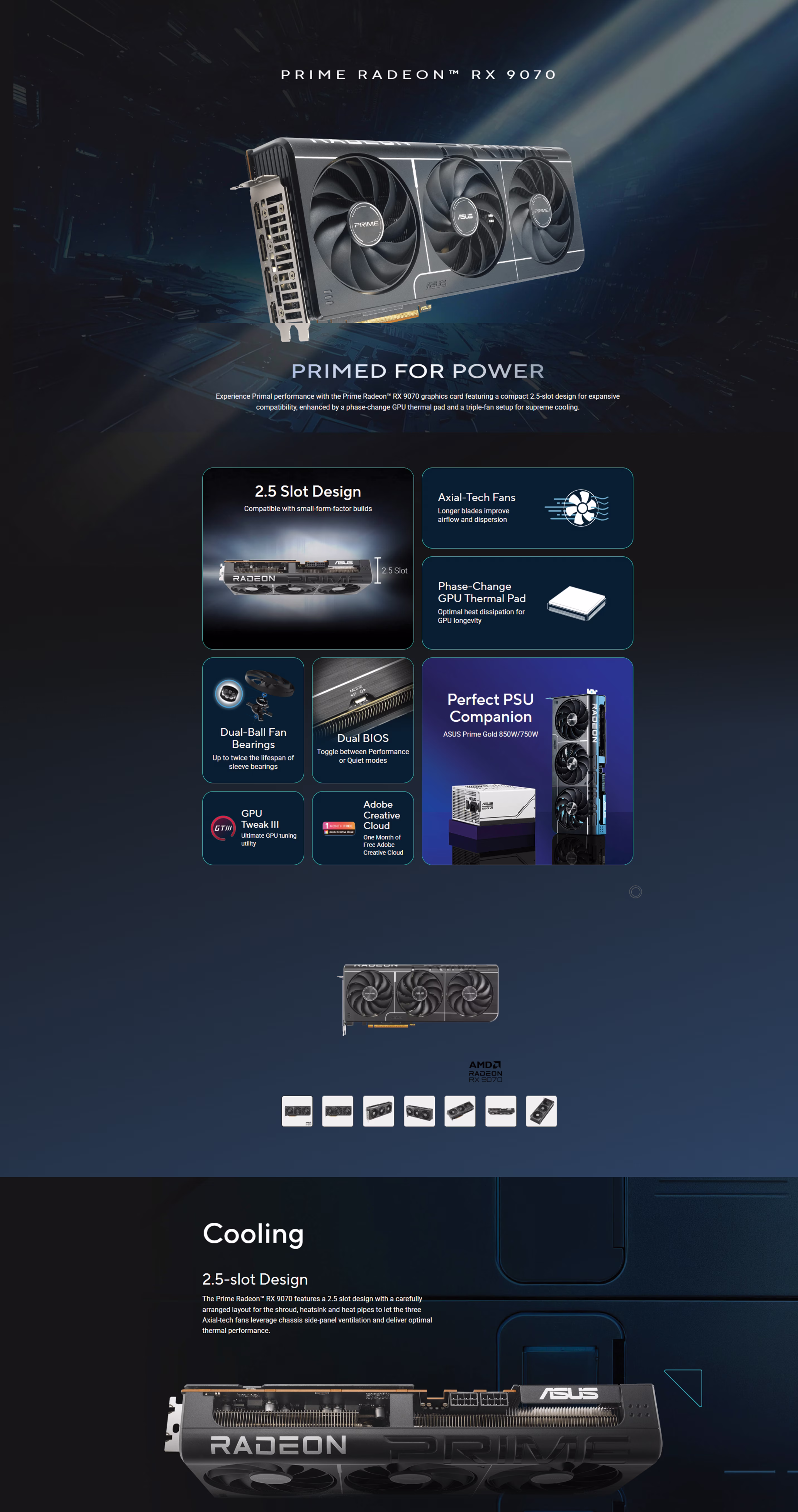 ASUS PRIME AMD Radeon RX 9070 16GB GDDR6 OC Edition graphics card front view showing the triple Axial-tech fans