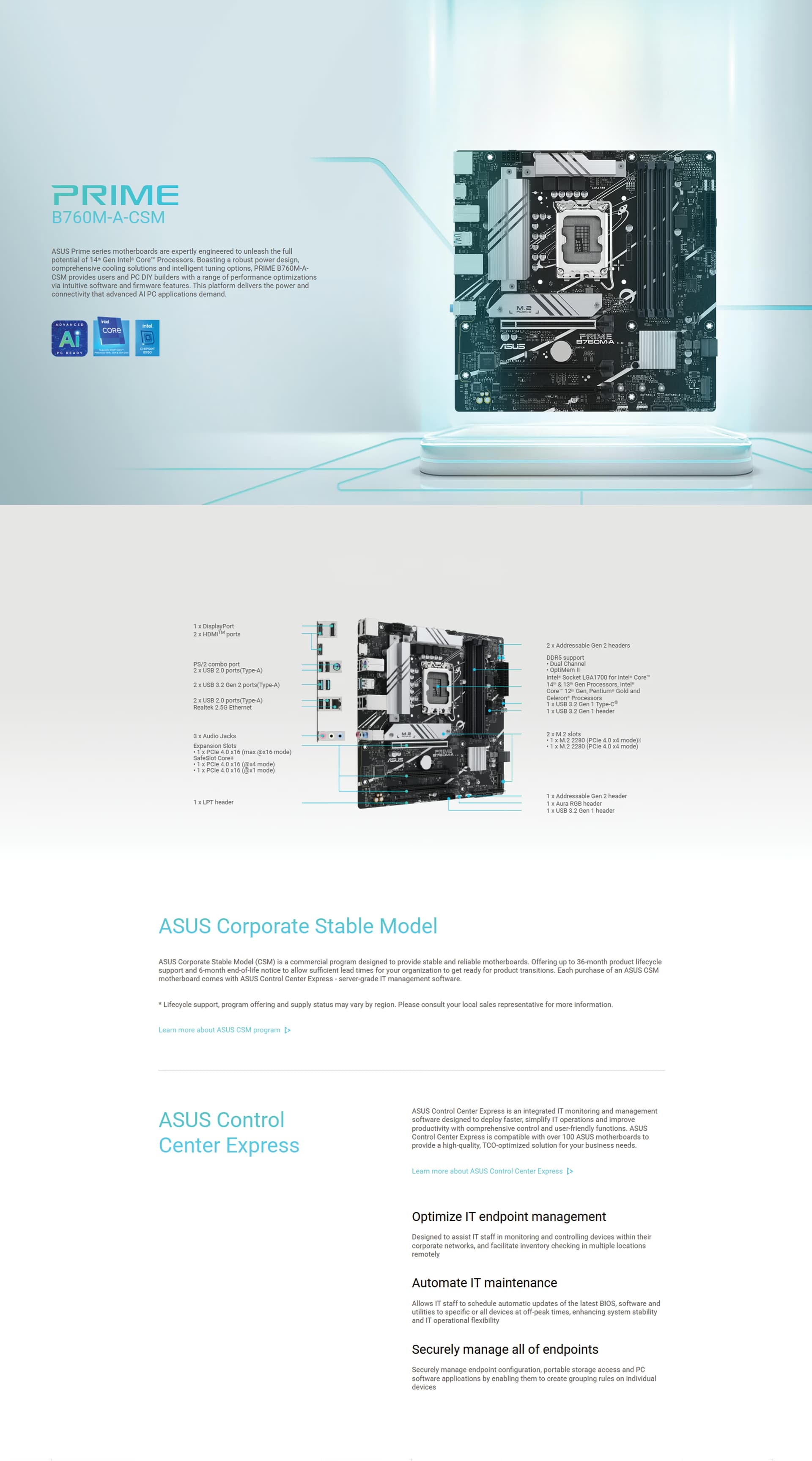 ASUS Prime B760M-A CSM DDR5 Intel LGA1700 motherboard featuring VRM heatsinks, PCIe 4.0 slots, and M.2 support for high-performance PC builds.