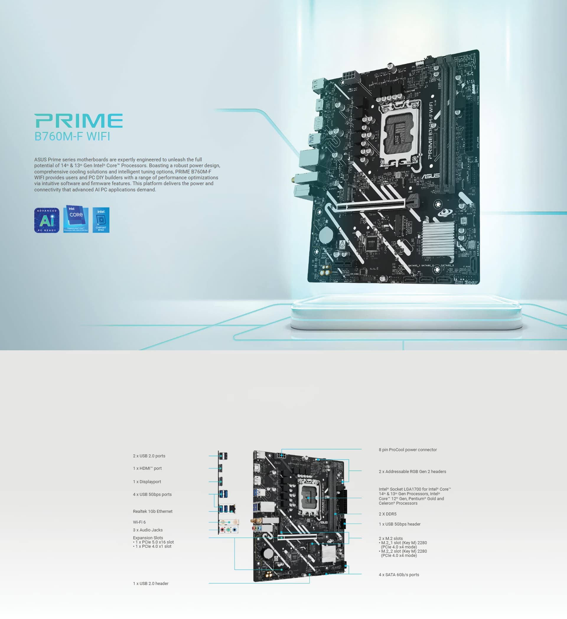 ASUS Prime B760M-F WIFI DDR5 Intel LGA1700 motherboard featuring a PCIe 5.0 x16 slot, two M.2 slots, and integrated WiFi 6 connectivity.