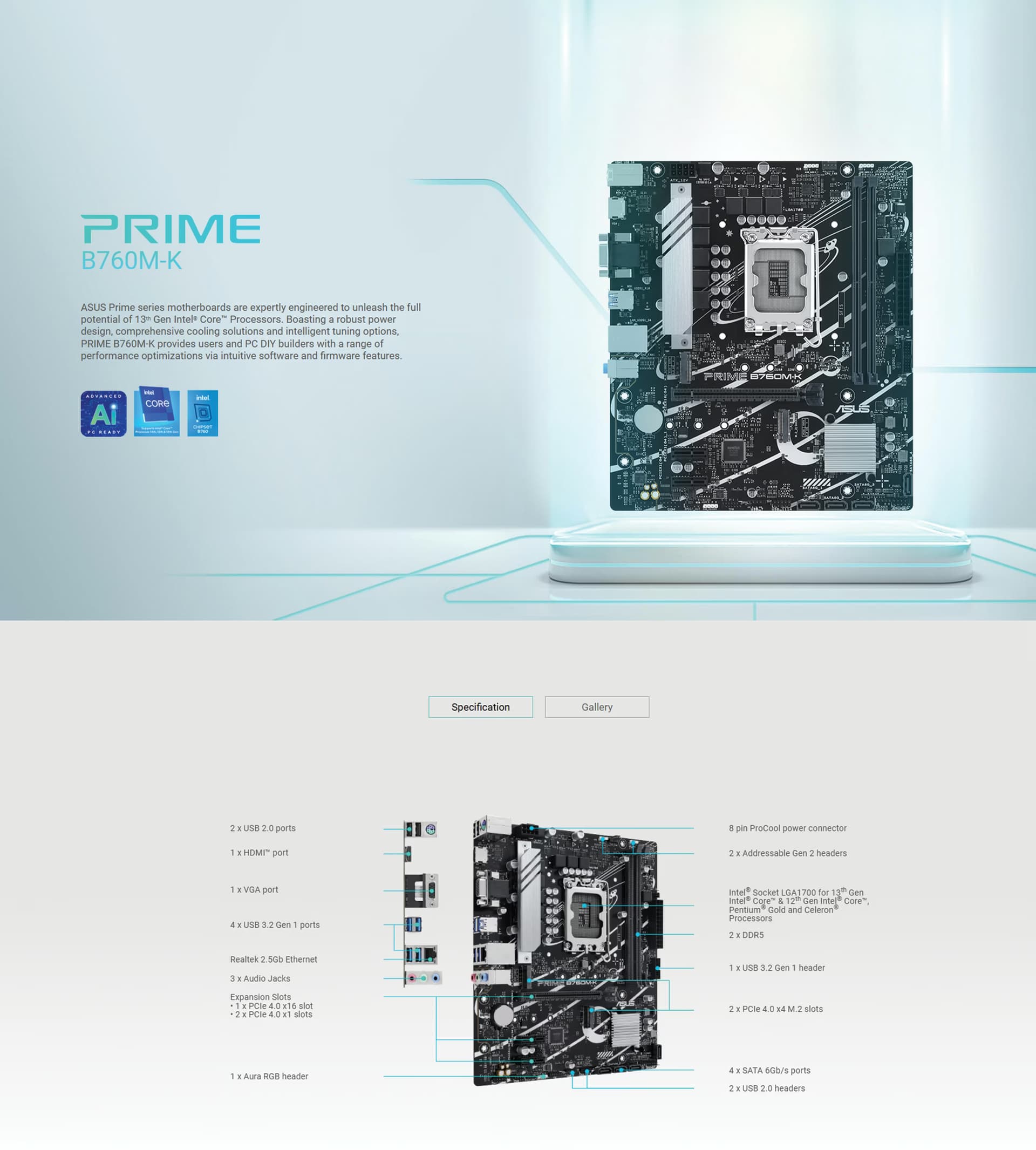 ASUS Prime B760M-K Intel B760 LGA 1700 mATX motherboard OVERVIEW IMAGE