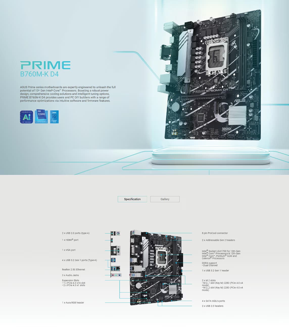ASUS Prime B760M-K D4, an Intel B760 LGA 1700 mATX motherboard OVERVIEW IMAGE