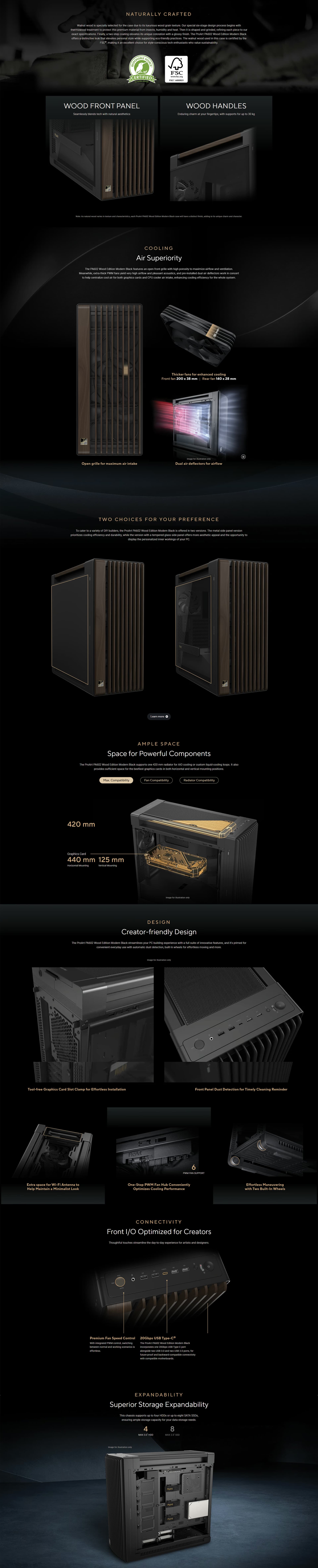 ASUS ProArt PA602 workstation PC case in modern black featuring a solid metal side panel and walnut wood accents.