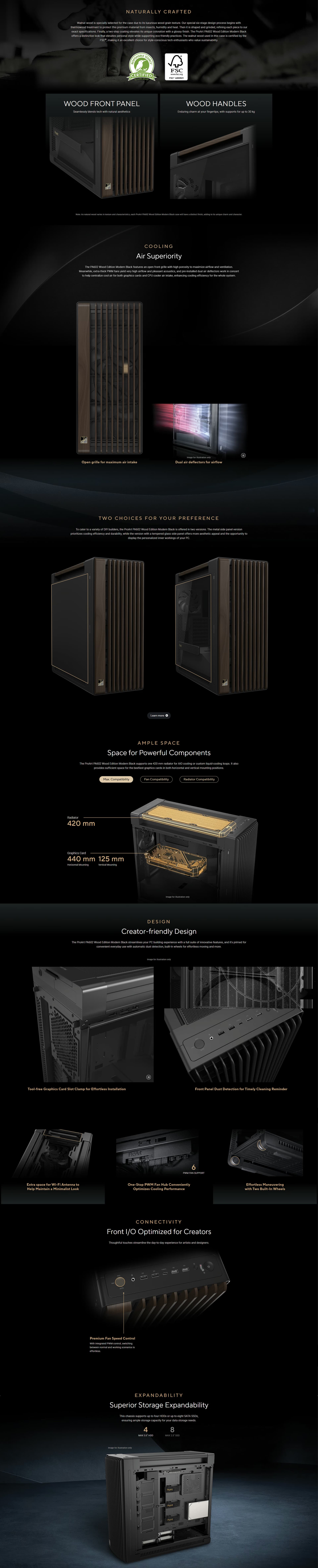ASUS ProArt PA602 workstation PC case in modern black featuring tempered glass and walnut wood accents.