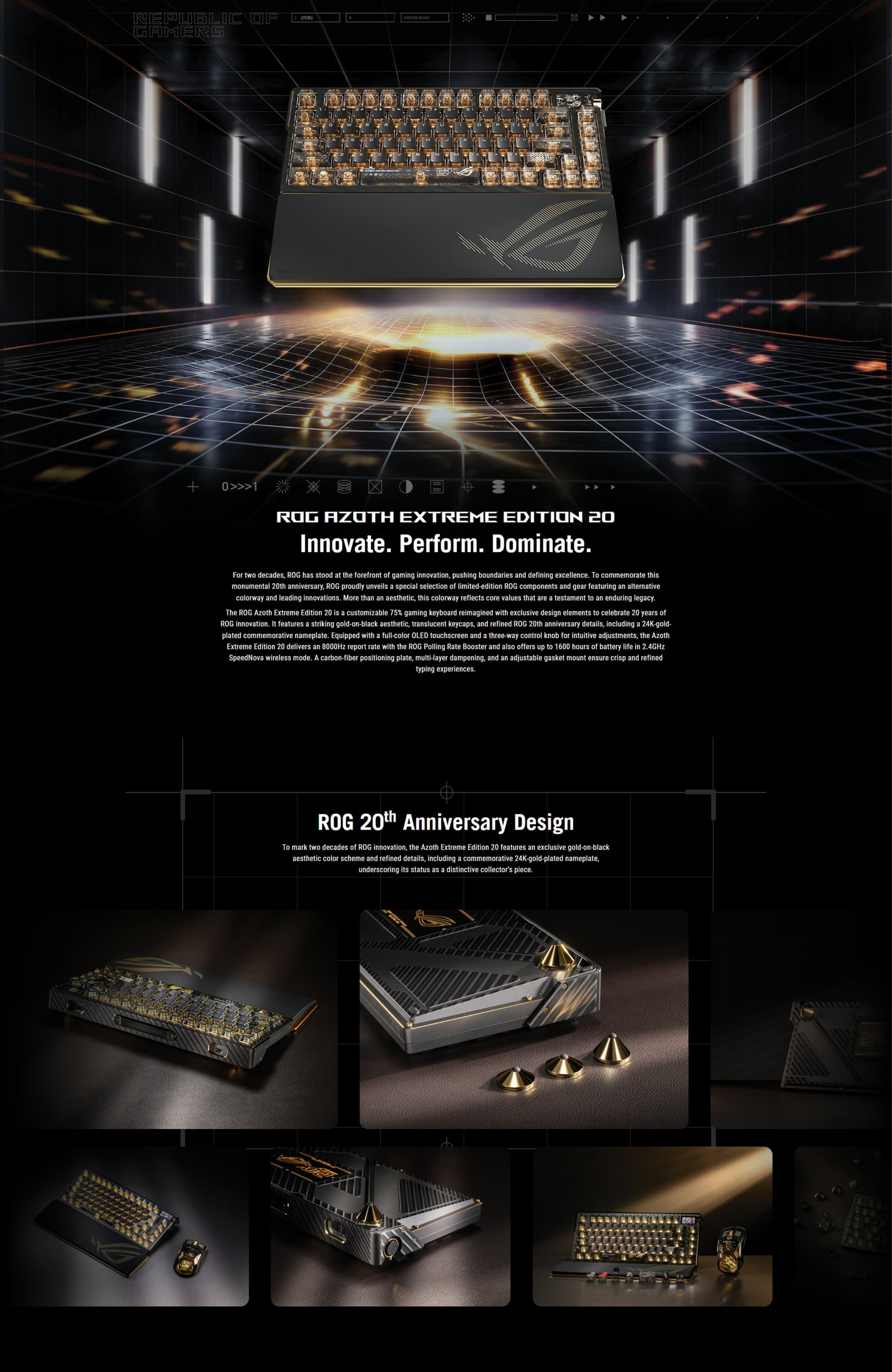 ASUS ROG Azoth Extreme Edition 20 wireless 75 percent mechanical gaming keyboard featuring an OLED screen.
