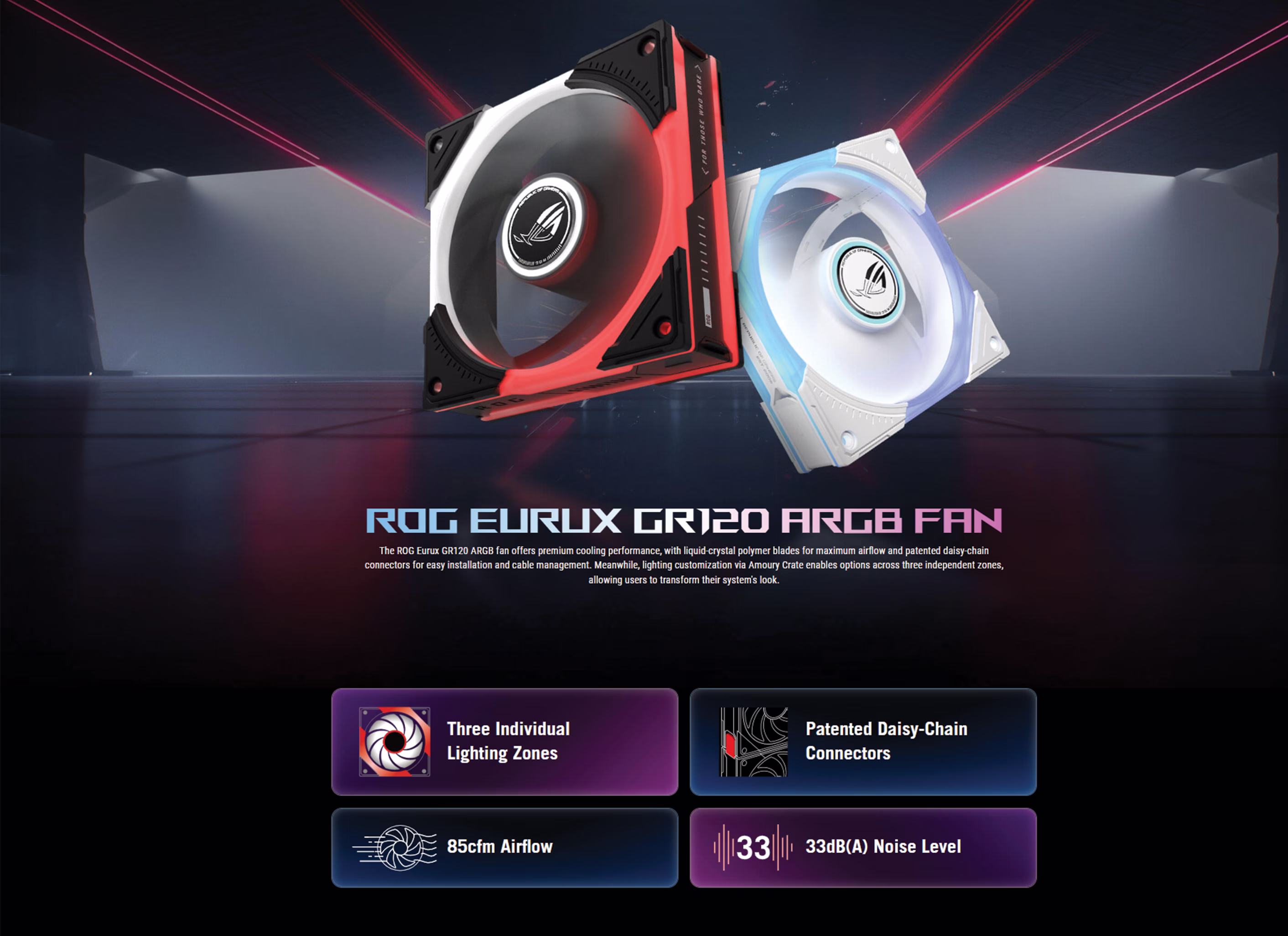 ASUS ROG Eurux GR120 ARGB 120mm gaming case fan 3-pack showing three fans with black frames and white frosted blades