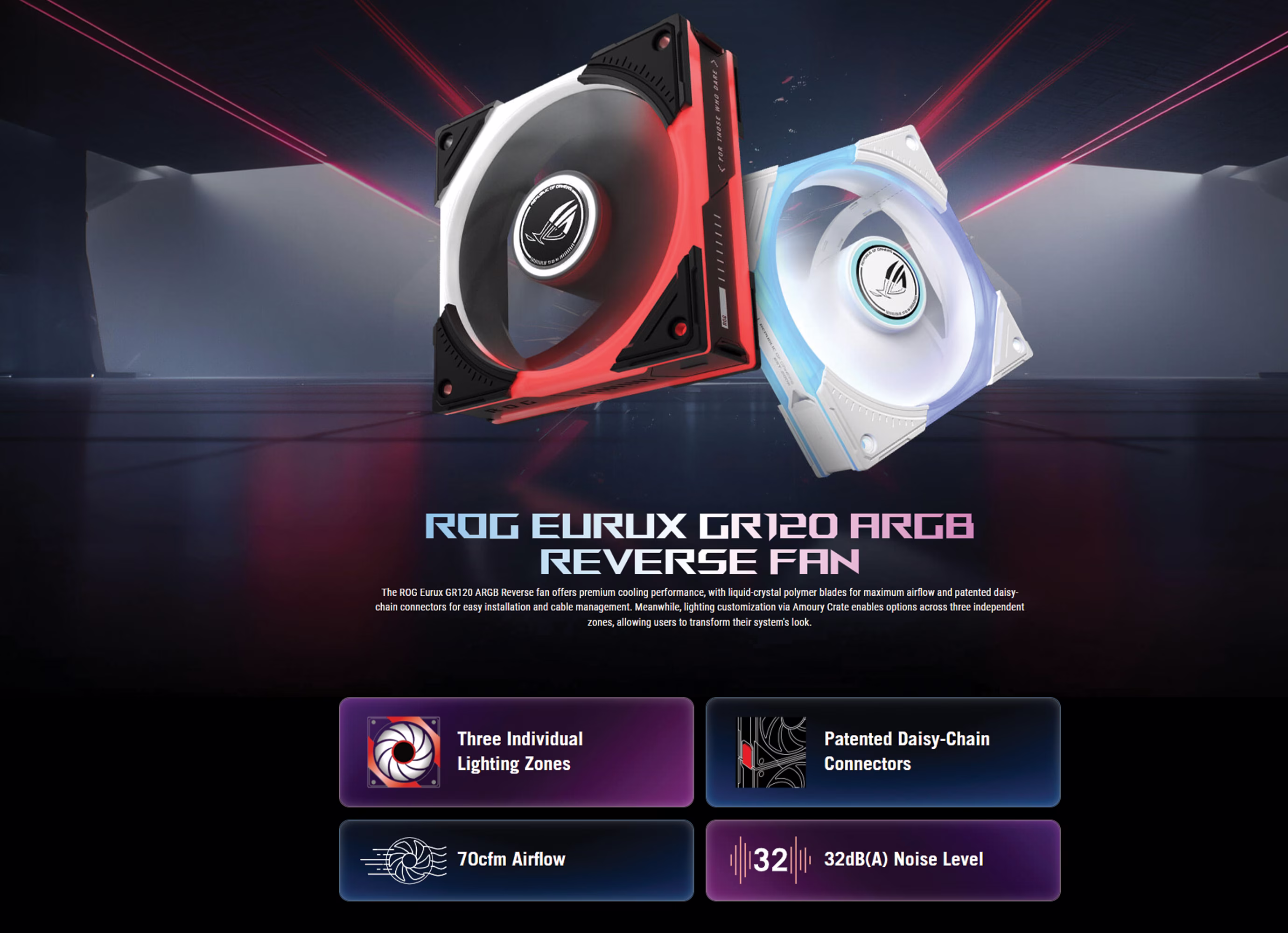 ASUS ROG Eurux GR120 ARGB Reverse Blade Black 120mm gaming case fan 3-pack showing three black reverse fans side by side
