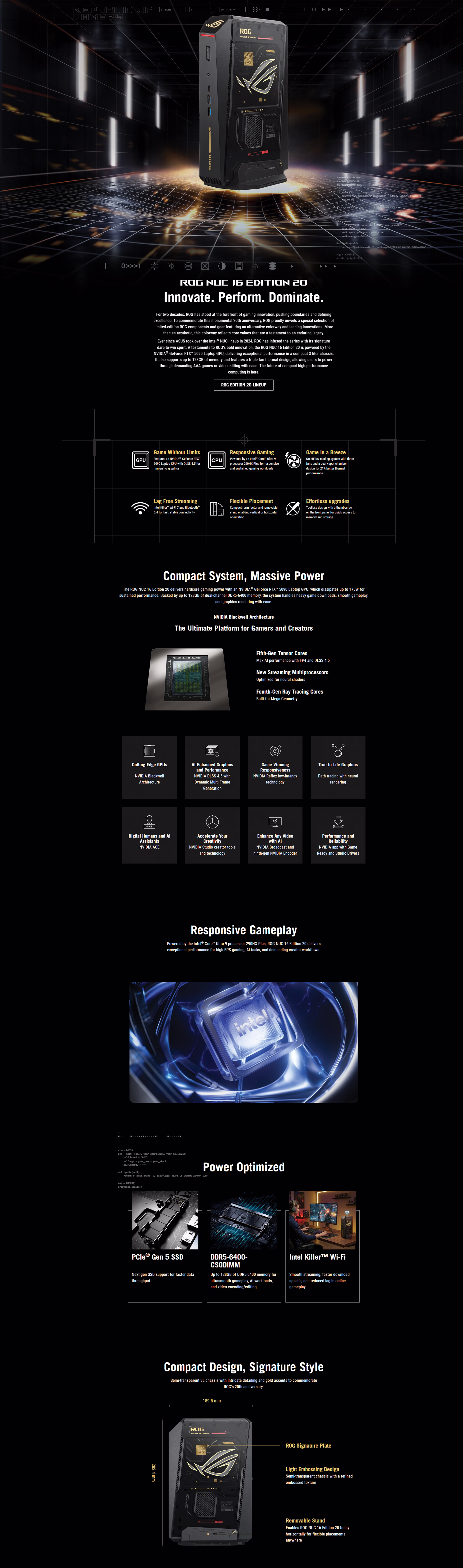 ASUS ROG NUC 16 Edition 20 gaming mini PC front view showing the aggressive 3-liter chassis and illuminated ROG logo
