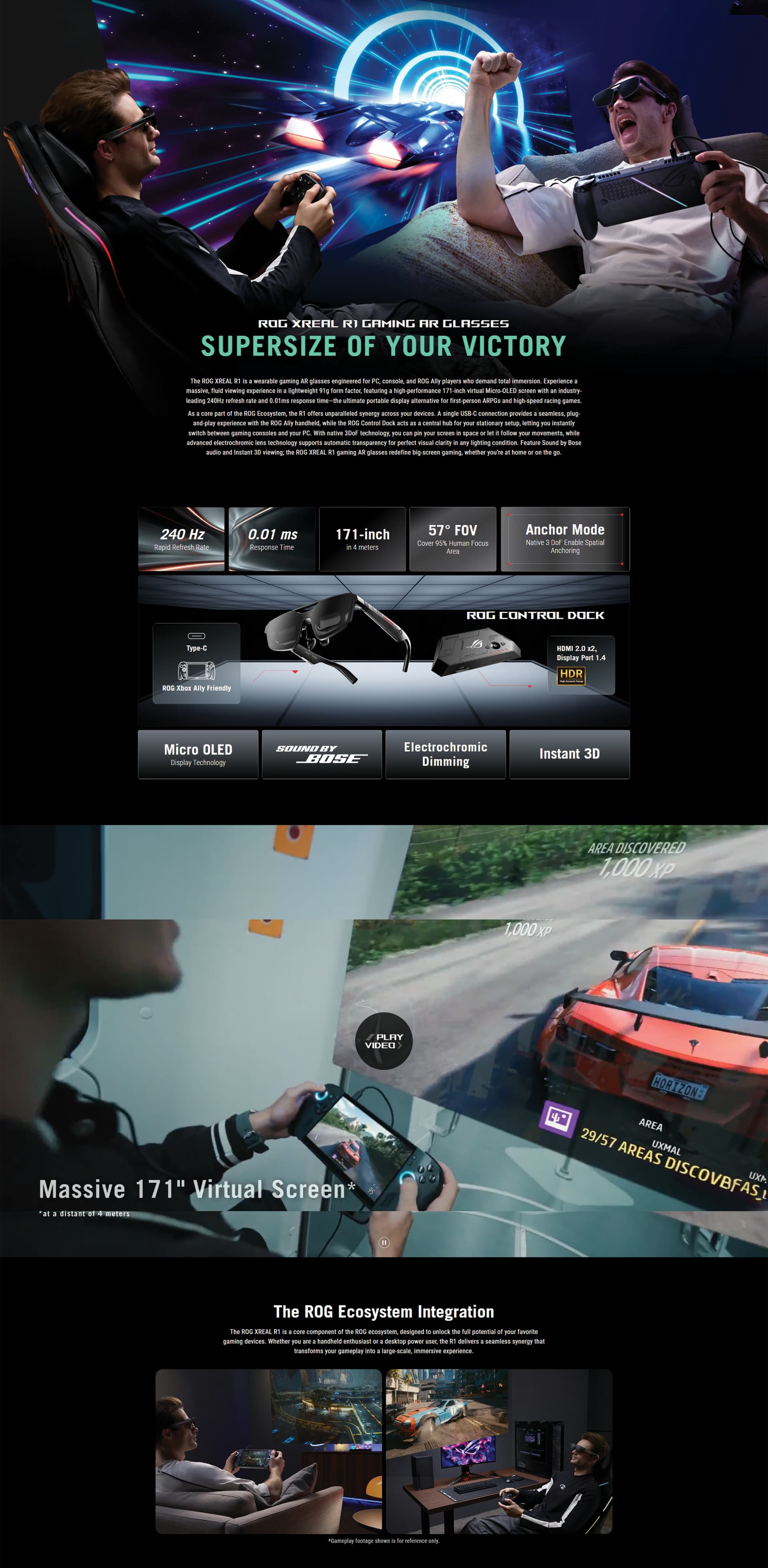 ASUS ROG XREAL R1-B gaming AR glasses Sony Micro-OLED 240Hz 0.01ms 57 degree FOV 171 inch virtual screen 3DoF black portable gaming display 90LJ00M5-B02670