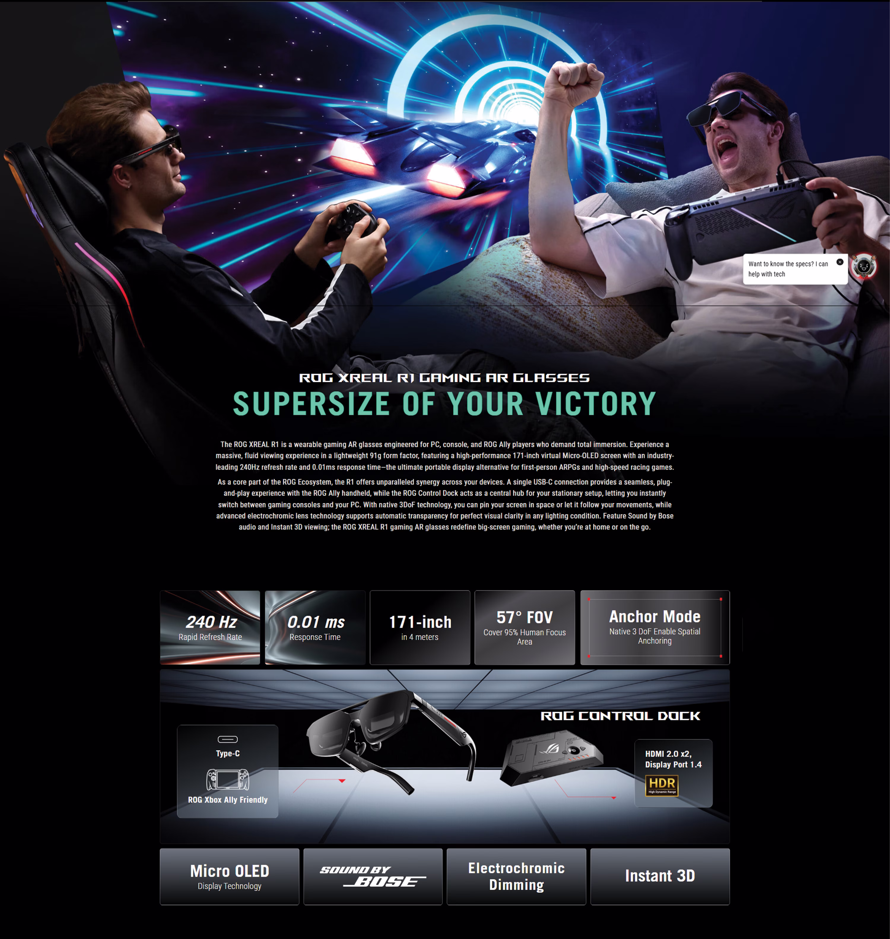 ASUS ROG XREAL R1-N 240Hz gaming AR glasses in black showing the electrochromic lenses