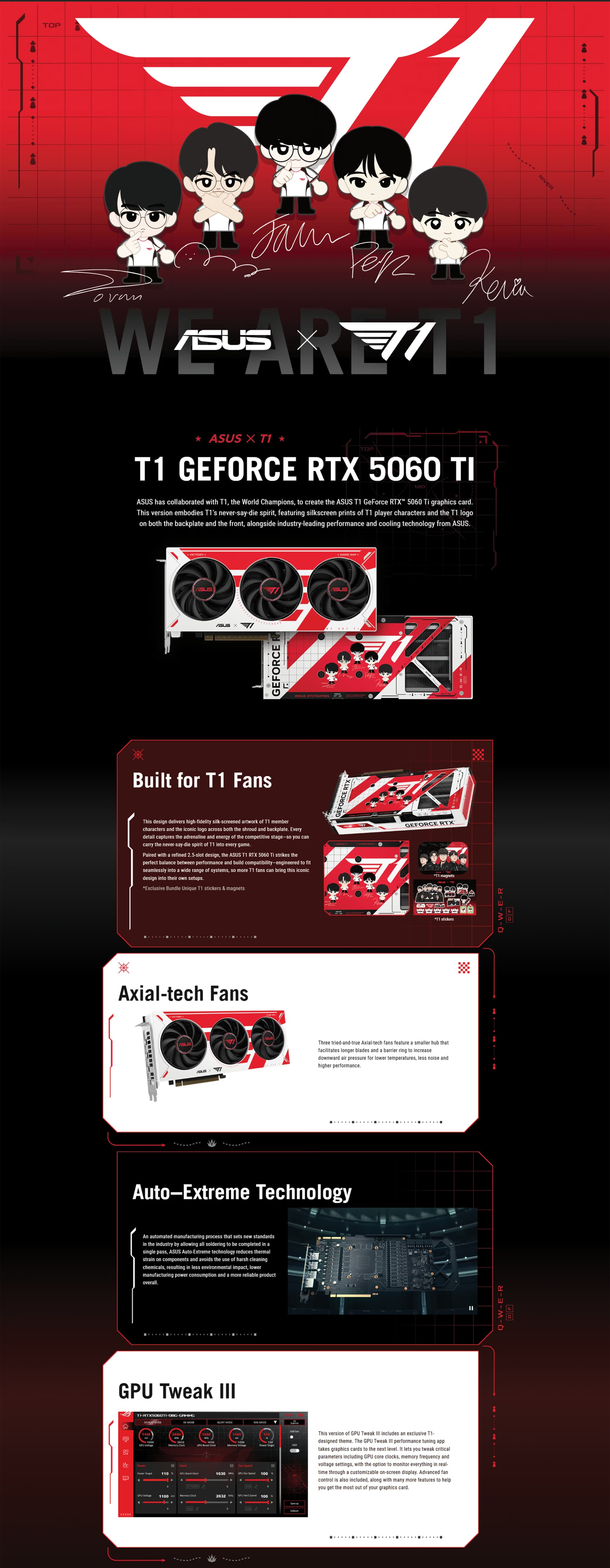 ASUS T1 GeForce RTX 5060 Ti 8GB GDDR7 OC Edition 3-fan gaming graphics card.