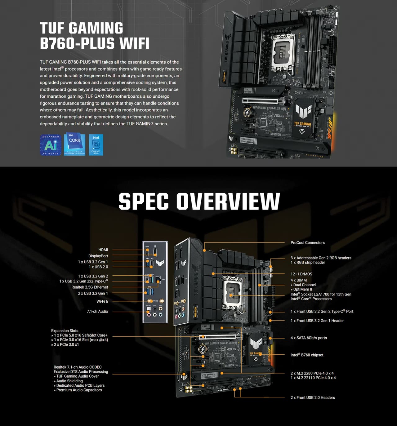 ASUS TUF GAMING B760-PLUS WIFI DDR5 ATX Motherboard OVERVIEW IMAGE