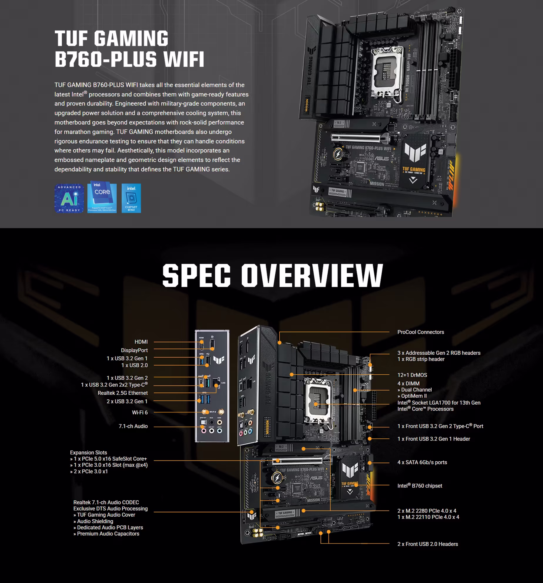 ASUS TUF GAMING B760-PLUS WIFI DDR5 ATX Motherboard OVERVIEW IMAGE