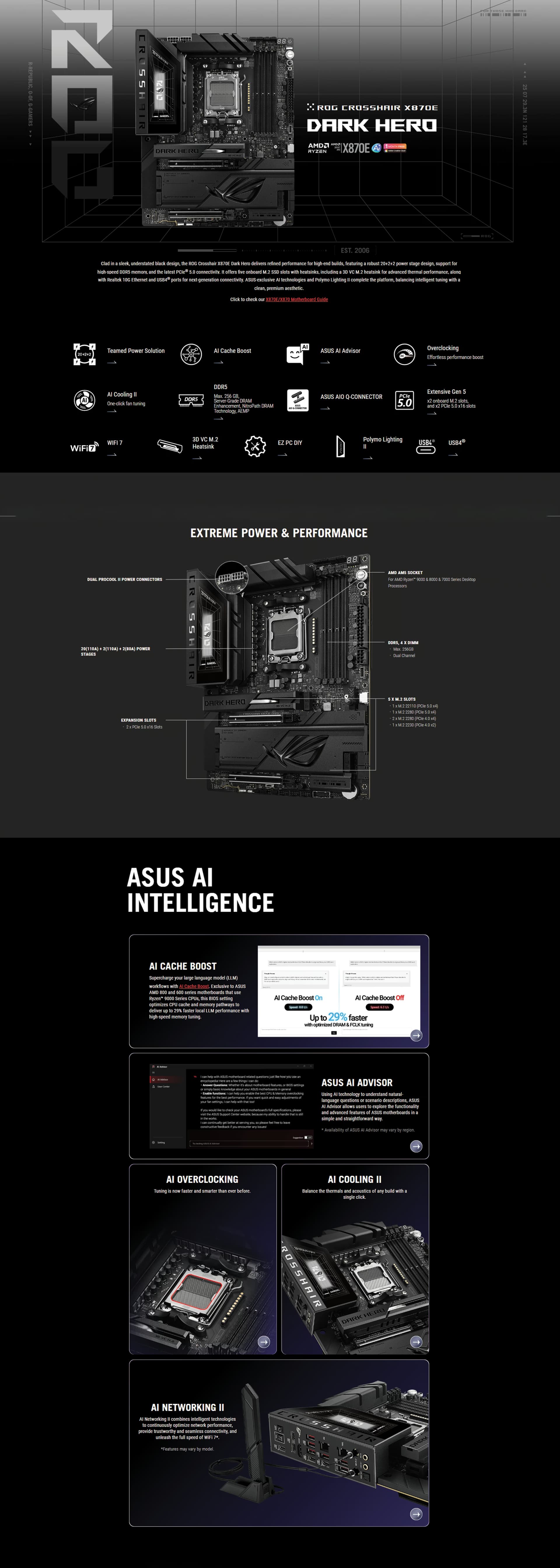 ASUSROGCROSSHAIRX870EDARKHEROAM5GAMINGMOTHERBOARDX870ECHIPSETWIFI7REALTEK10GBLANDDR5MEMORYSUPPORTNITROPATHDRAMPCIE5POINT0X16SLOTSFIVEMPOINT2SLOTSDUALUSB4TYPEC40GBPSSUPREMEFXAUDIO20PLUS2PLUS2POWERSTAGESATXFORMFACTOR90MB1NT0M0EAY04711636398671UAEOBT