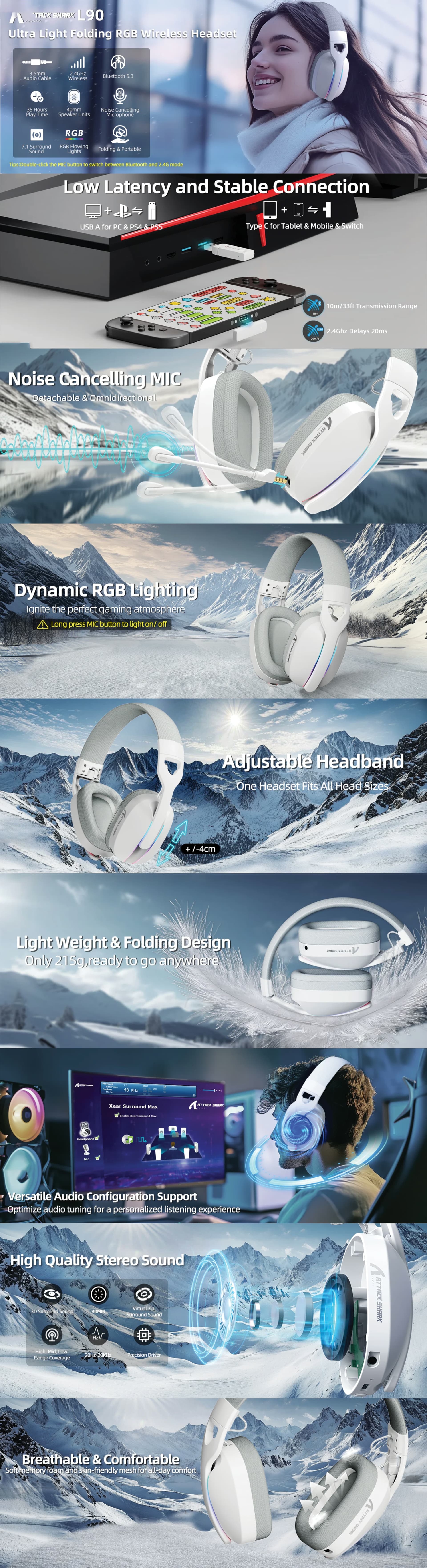 ATTACKSHARKL90RGBFOLDABLELIGHTWEIGHTWIRELESSWHITEGAMINGHEADSET203GTRIMODE2.4GBLUETOOTHWIREDPCPS5XBOXSWITCH6979033730083