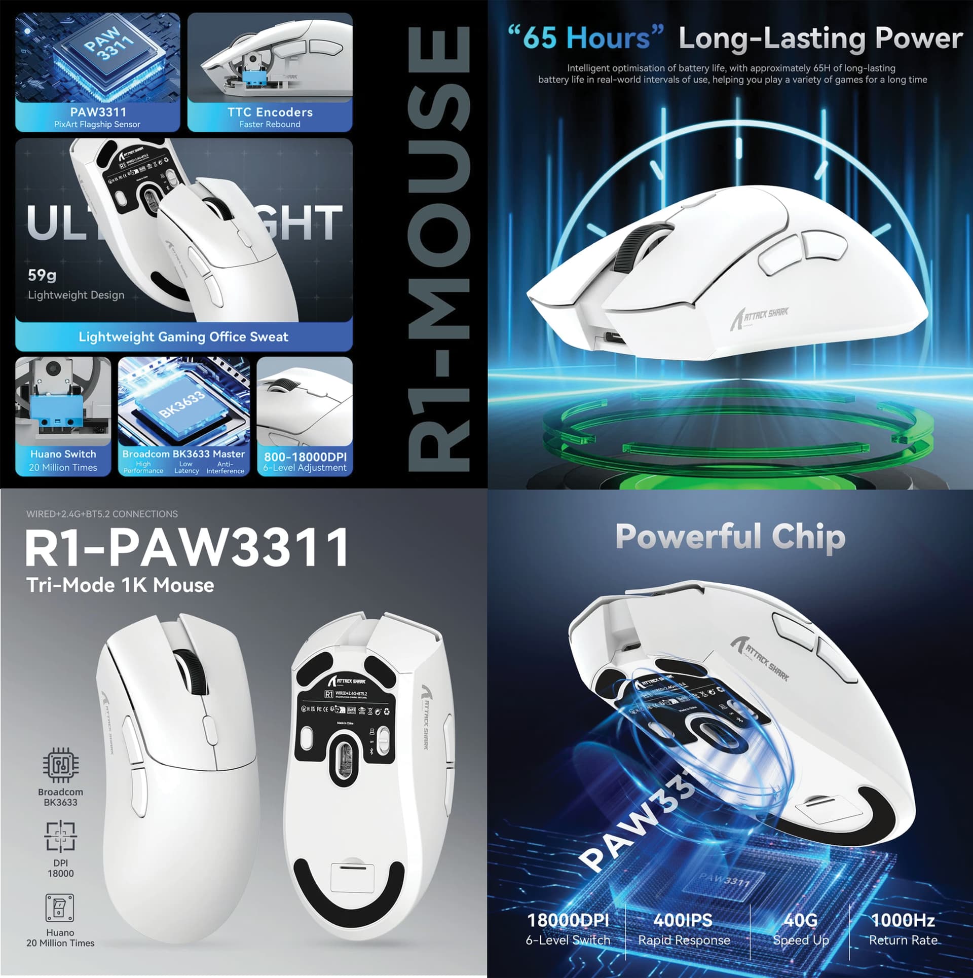 ATTACKSHARKR1SUPERLIGHTWIRELESSBLACKMOUSE59GTRIMODE2.4GBLUETOOTHWIRED8000HZPOLLINGRATEPAW3311MAX18000DPIUAE6972792470191
