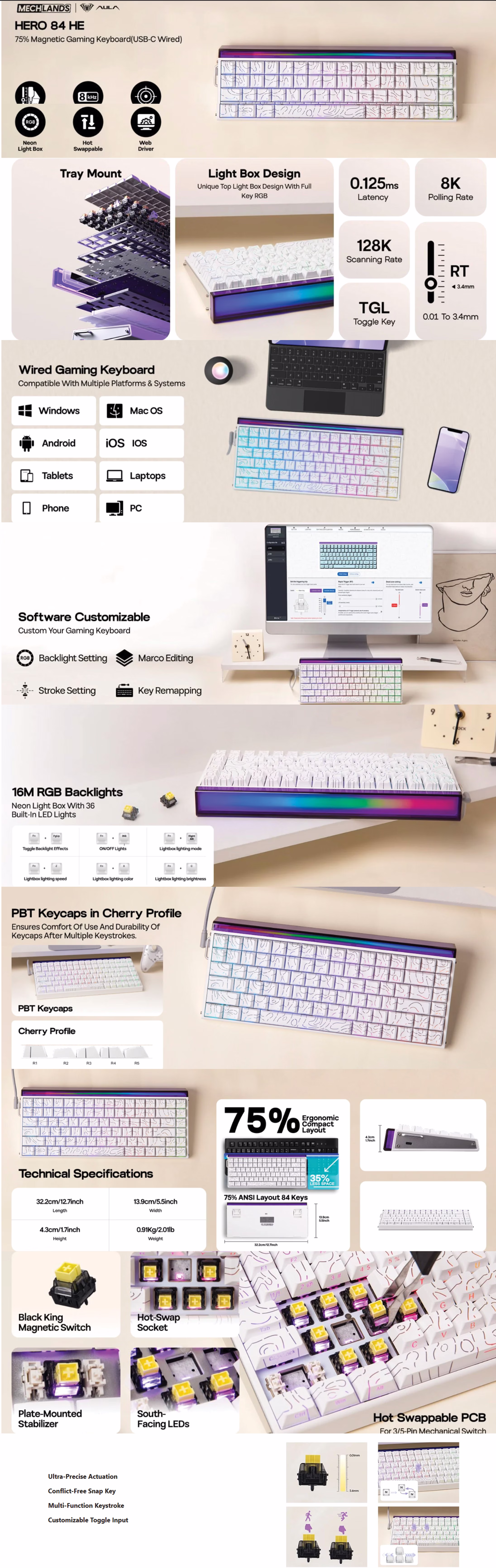 AULA Wind Hero84HE White Purple 84-key Black King Hall Effect magnetic switch 75% compact RGB gaming keyboard full function row dedicated arrow keys Type-C wired premium dual-color edition