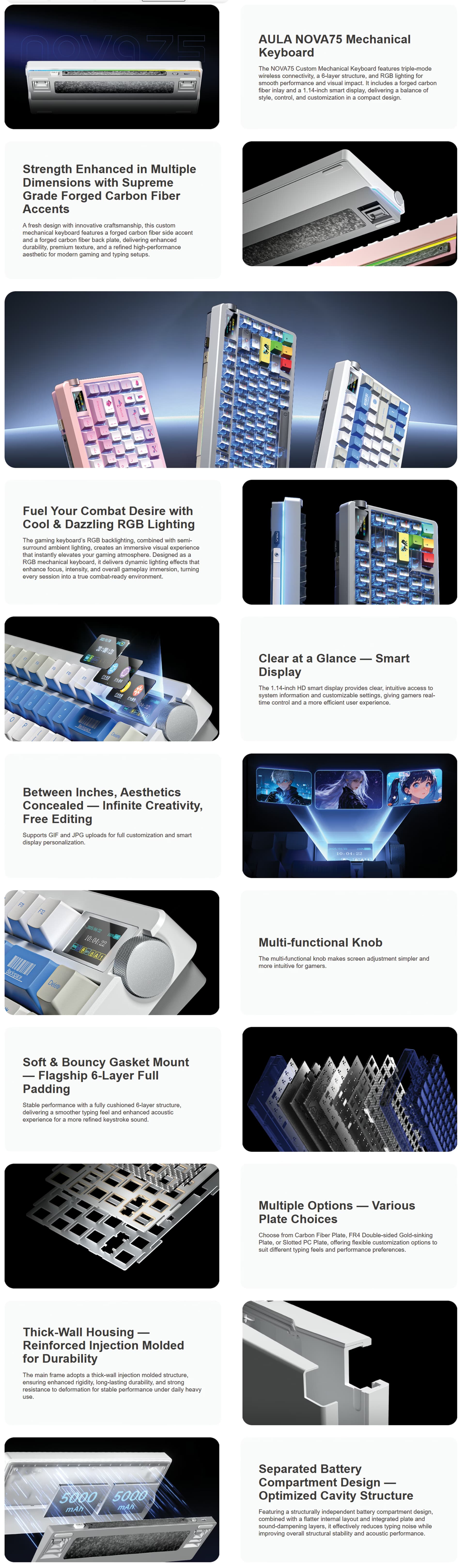 AULA Wind Nova75 75% wireless mechanical gaming keyboard Dream Sakura switch black translucent keycaps 3-in-1 hot-swap gasket mount full-body RGB glow tri-mode wireless spectacular RGB showcase keyboard