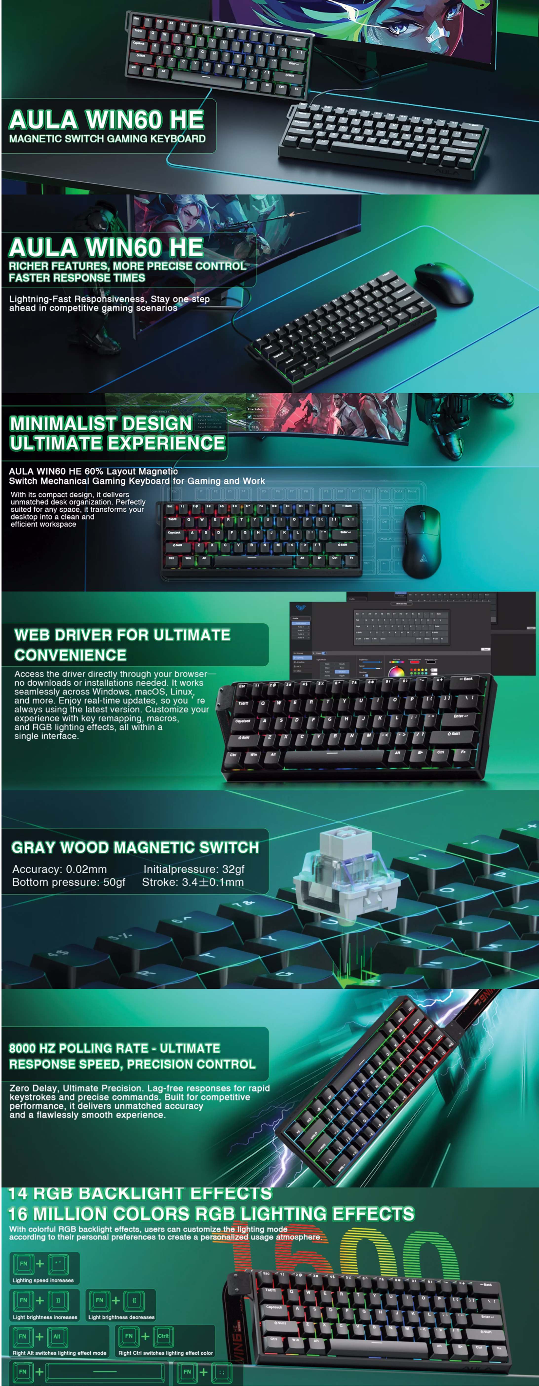 AULA Wind Win60HE 61-key Hall Effect magnetic switch 60% compact gaming keyboard Graywood black keycaps Type-C wired standard edition competitive gaming keyboard