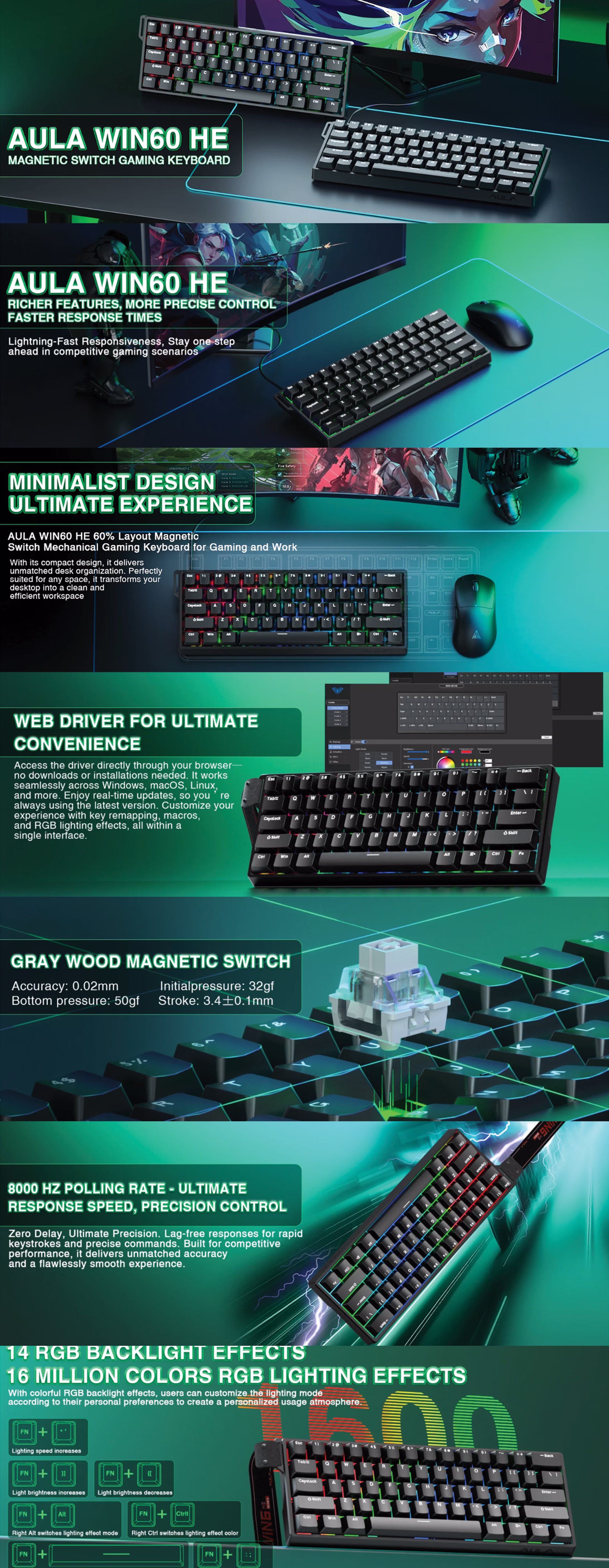 AULA Wind Win60HE Max Wing Chun 61-key Hall Effect magnetic switch 60% compact gaming keyboard dark gray light gray yellow three-color Type-C wired premium edition