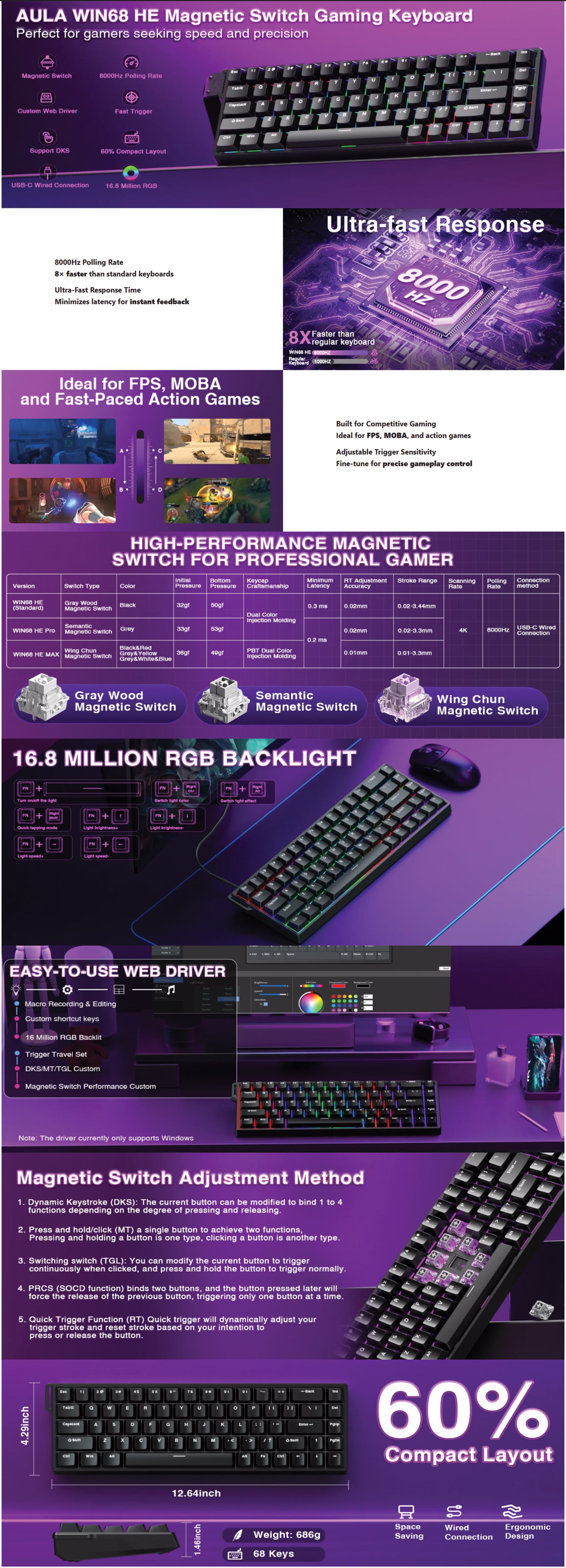 AULA Wind Win68HE 68-key Hall Effect magnetic switch 65% compact gaming keyboard Graywood black keycaps dedicated arrow keys Type-C wired standard edition