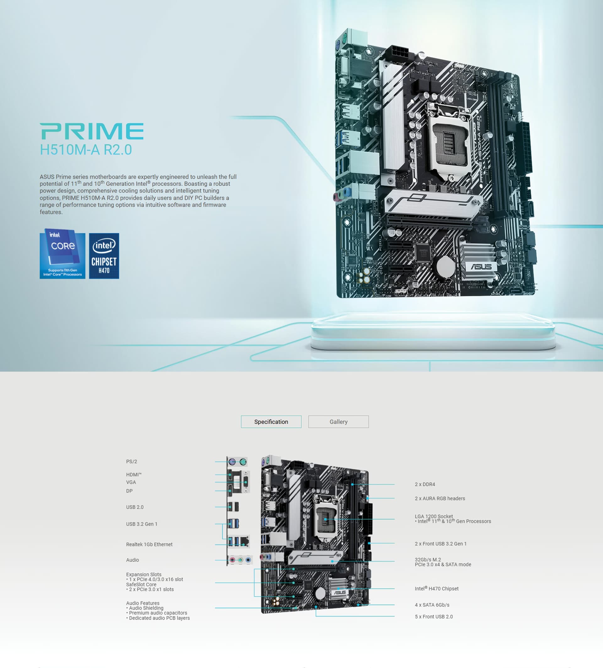 Asus Prime H510M-A R2.0, LGA 1200, M-ATX Motherboard, overview