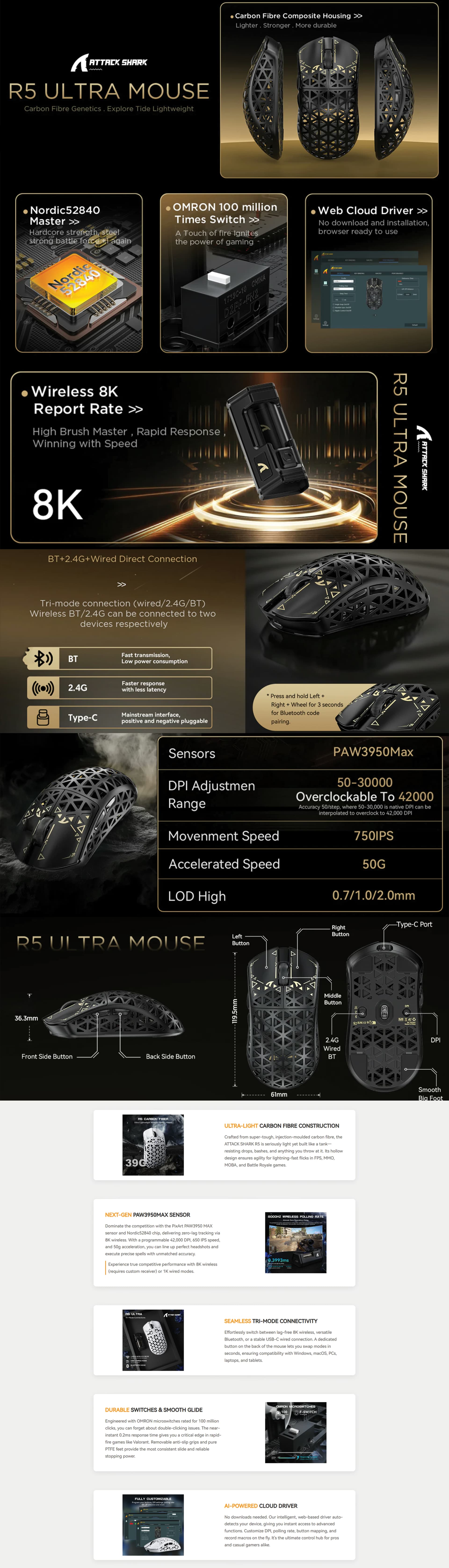 Attack Shark R5 Ultra Red carbon fiber wireless gaming mouse 39g superlight PAW3950MAX sensor 42000 DPI 8000Hz polling tri-mode 2.4GHz Bluetooth wired RGB superlight competitive esports red carbon fiber mouse