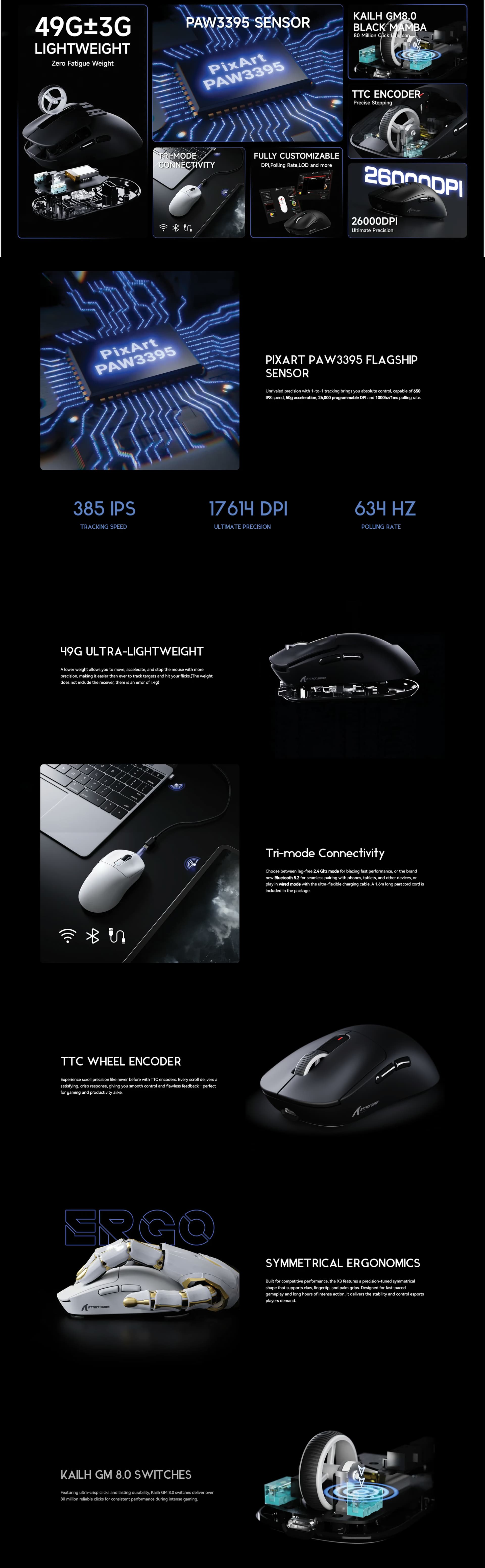 Attack Shark X3 black wireless gaming mouse 26000 DPI tri-mode wired 2.4GHz Bluetooth 5.4 RGB ergonomic right-handed competitive gaming mouse