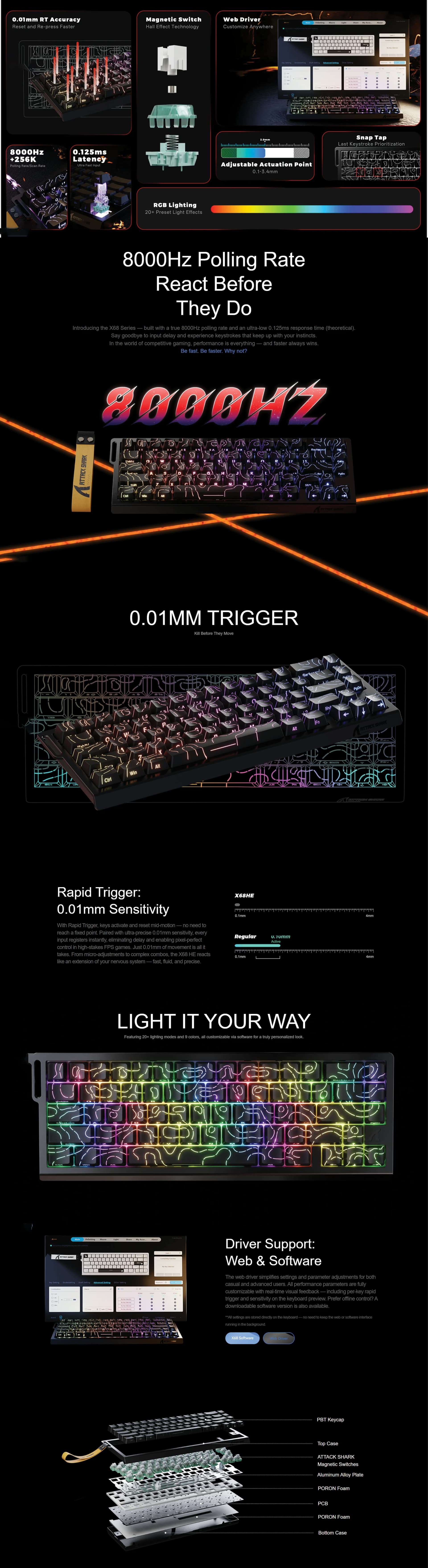 Attack Shark X68 HE Moonlit Night Black 66-key 65% magnetic Hall Effect wireless gaming keyboard 8000Hz polling rate 0.01mm rapid trigger tri-mode RGB competitive esports keyboard