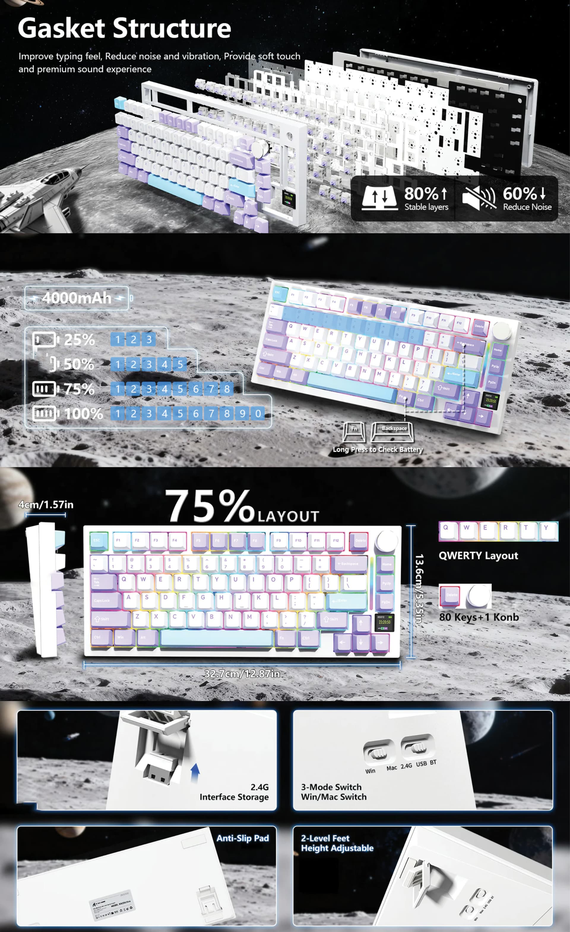Attack Shark X820 Ultra 80-key 75% wireless mechanical gaming keyboard Moon Night Shark switch tri-mode Bluetooth 2.4GHz wired RGB compact gaming keyboard