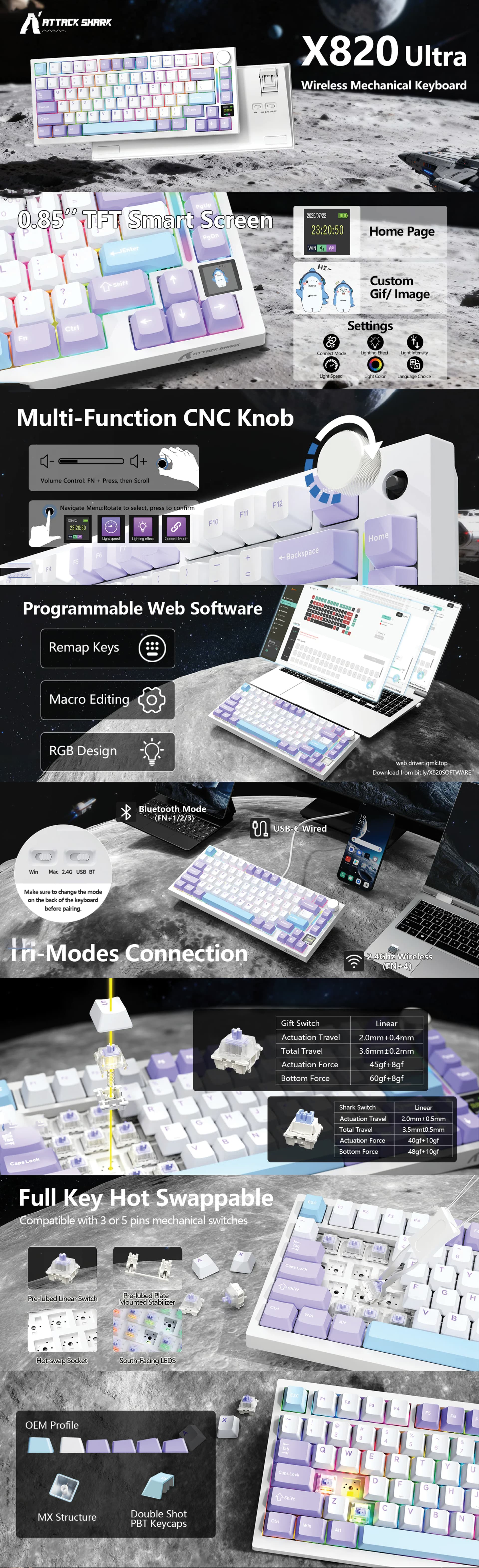 Attack Shark X820 Ultra 80-key 75% wireless mechanical gaming keyboard Moon Night Shark switch tri-mode Bluetooth 2.4GHz wired RGB compact gaming keyboard