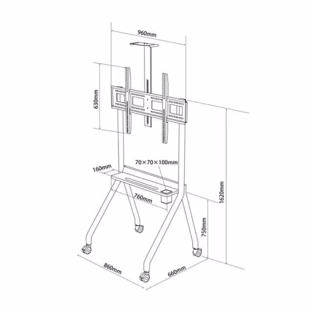 Skill Tech DG 115B FS heavy-duty mobile TV stand in black showing the sturdy dual-column frame and lockable caster wheels