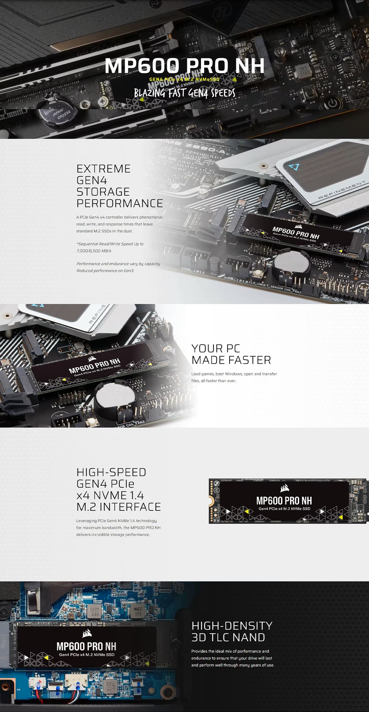 CORSAIR MP600 PRO NH 4TB PCIe Gen4 NVMe M.2 SSD bare drive, showcasing high-density 3D TLC NAND chips, model CSSD-F4000GBMP600PNH.