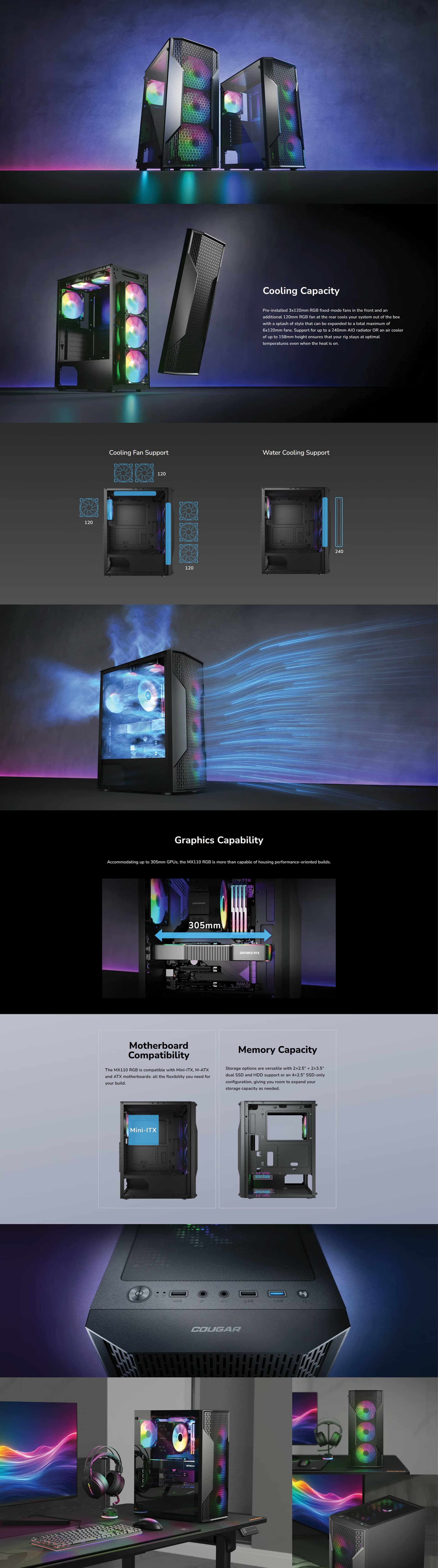 COUGARMX110RGBMIDTOWERGAMINGCASEBLACK382BD200001TEMPEREDGLASSSIDEPANEL4X120MMFIXEDRGBFANSPREINSTALLEDATXMUSUPPORTUAEOBT