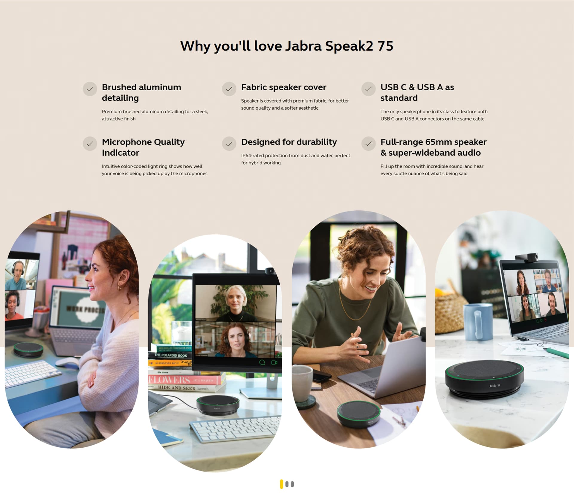 Close-up of the touch-sensitive interface on the Jabra Speak2 75 highlighting the Microsoft Teams and volume buttons.