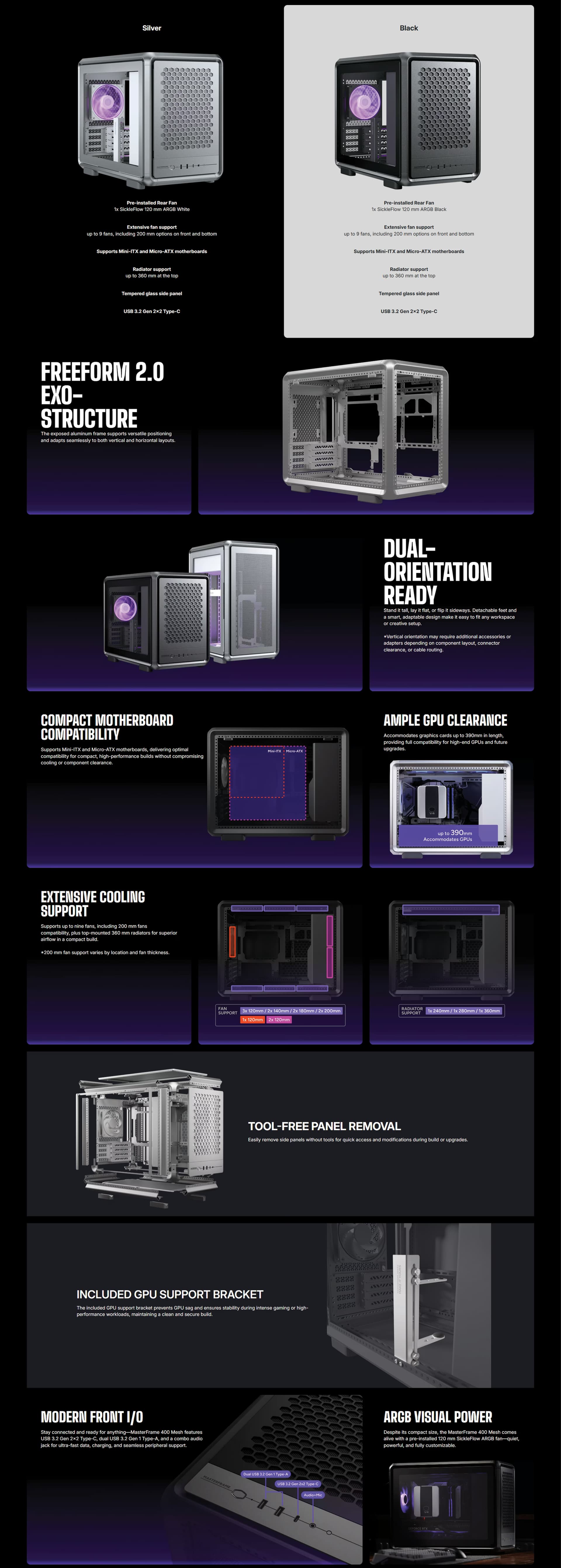 Cooler Master MasterFrame 400 Mesh Micro-ATX black open frame gaming case 360mm radiator support pre-installed RGB fan component showcase maximum airflow compact gaming chassis MF400M-SHNN-S00