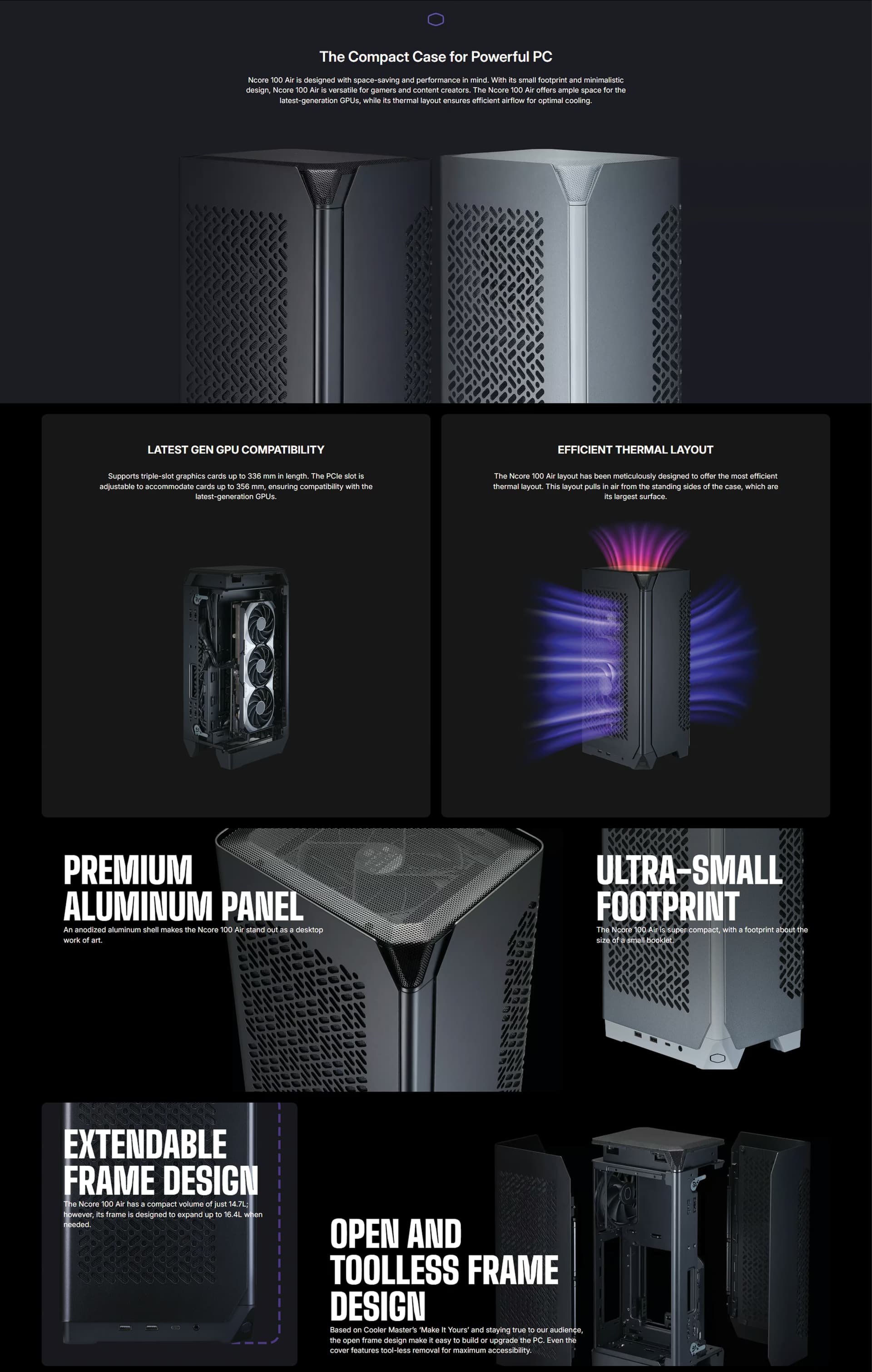 Cooler Master NCORE 100 AIR black ultra-compact Mini-ITX PC case airflow-first design low-profile cooler SFX PSU support small form factor gaming chassis NR100-KNNN-S00