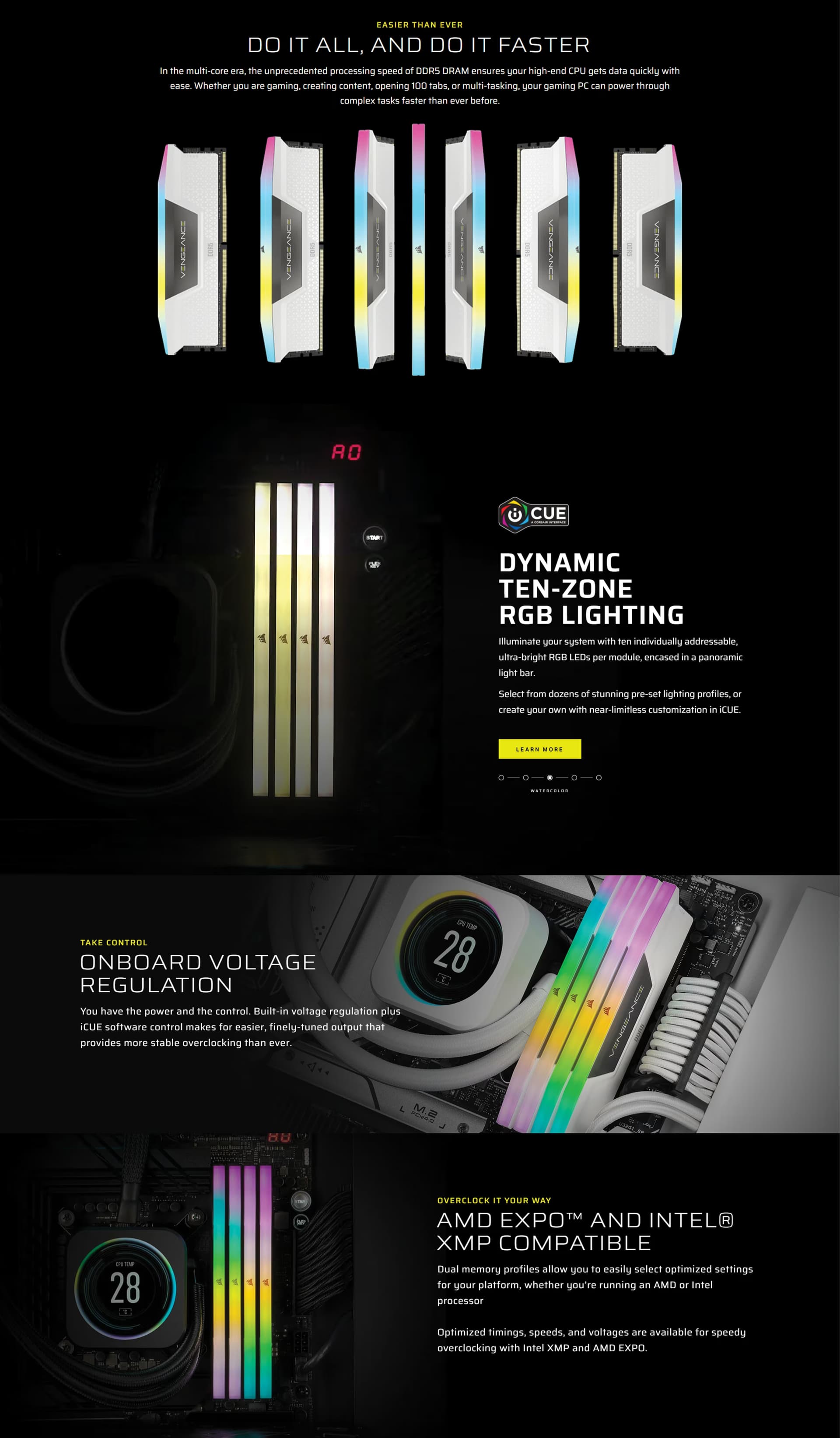 Corsair Vengeance RGB 32GB DDR5 6000 Black kit showing the dual-channel modules with vibrant 10-zone lighting.