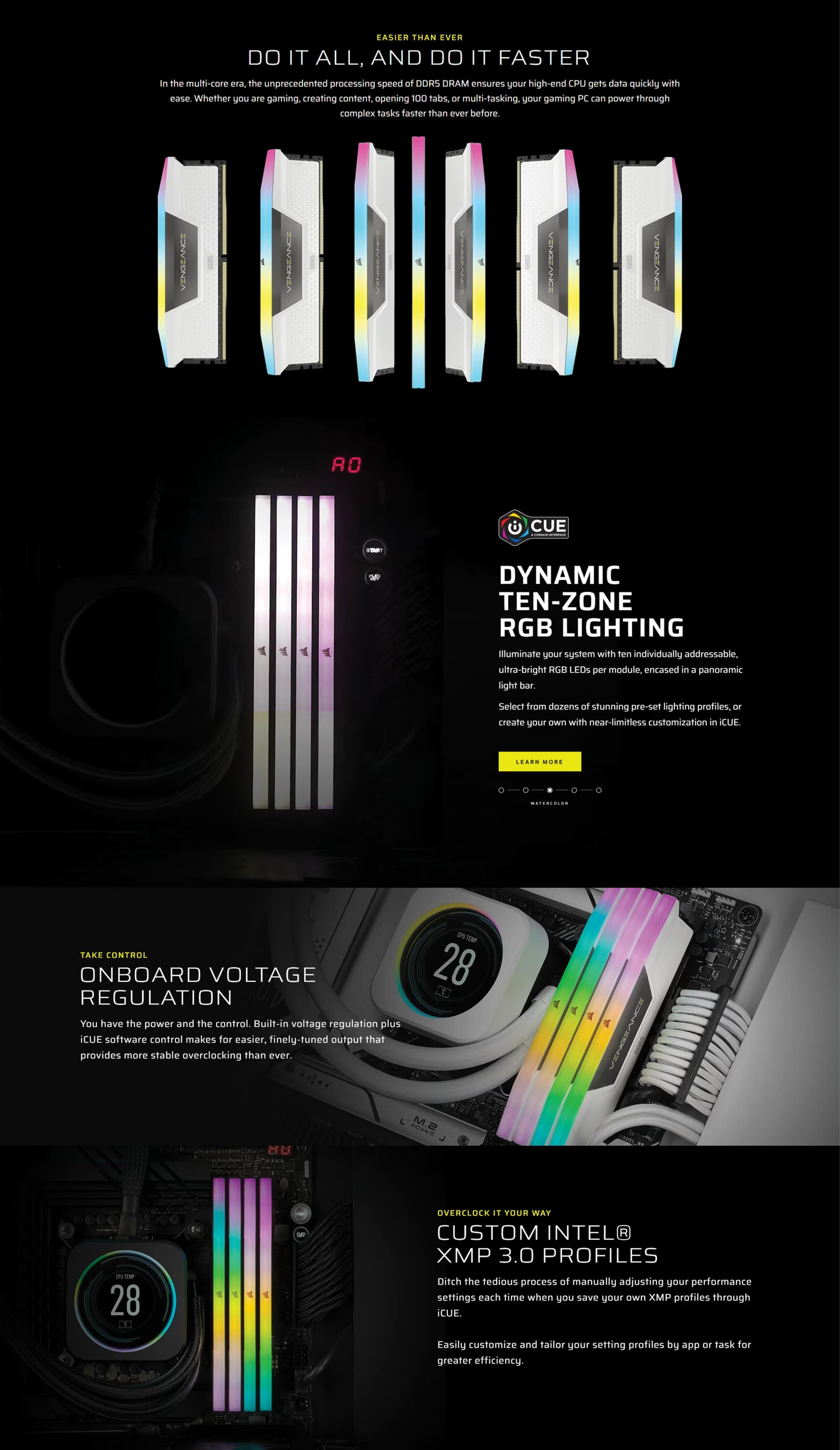 Corsair Vengeance RGB 32GB DDR5 6400 Black kit featuring two 16GB modules with vibrant 10-zone lighting.