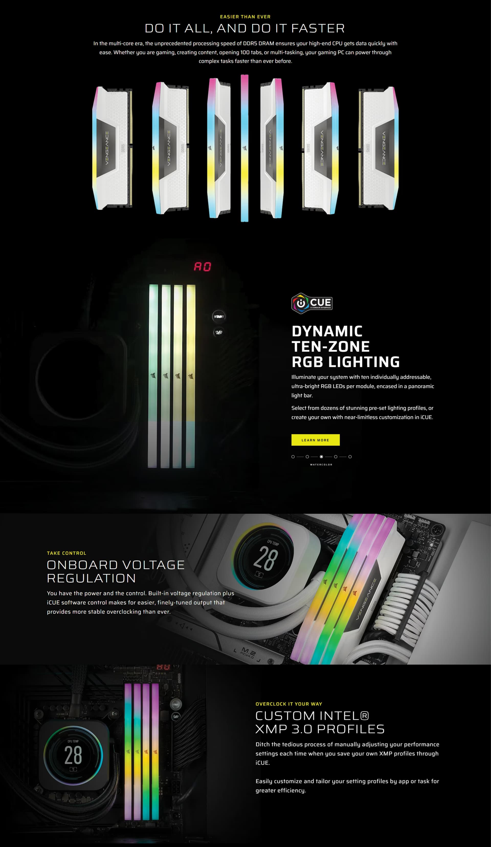 Corsair Vengeance RGB 64GB DDR5 6400 White kit featuring two 32GB modules with vibrant 10-zone lighting.