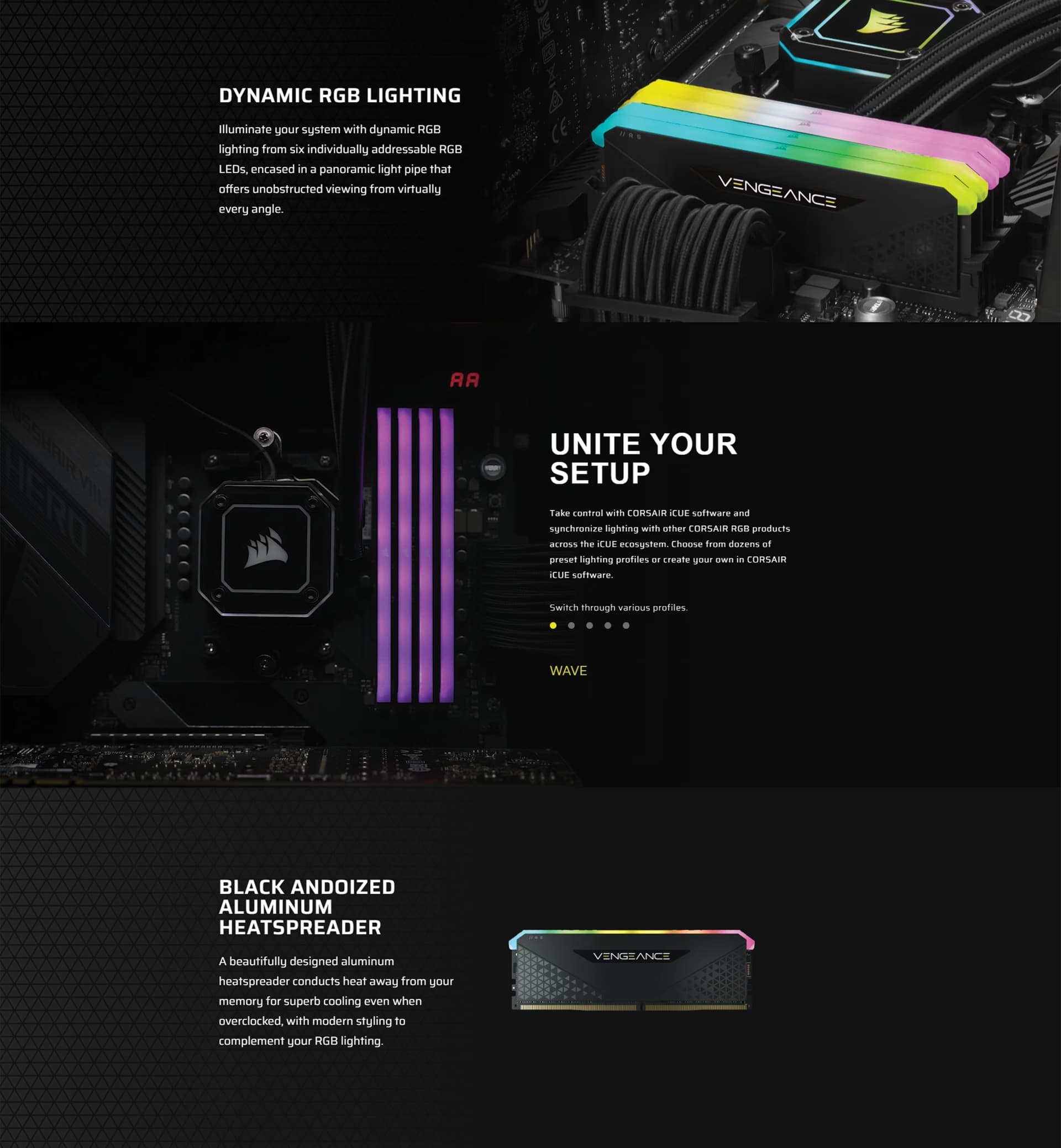 Corsair Vengeance RGB RS 32GB DDR4 3600 Black kit showing the dual modules with panoramic RGB lighting.