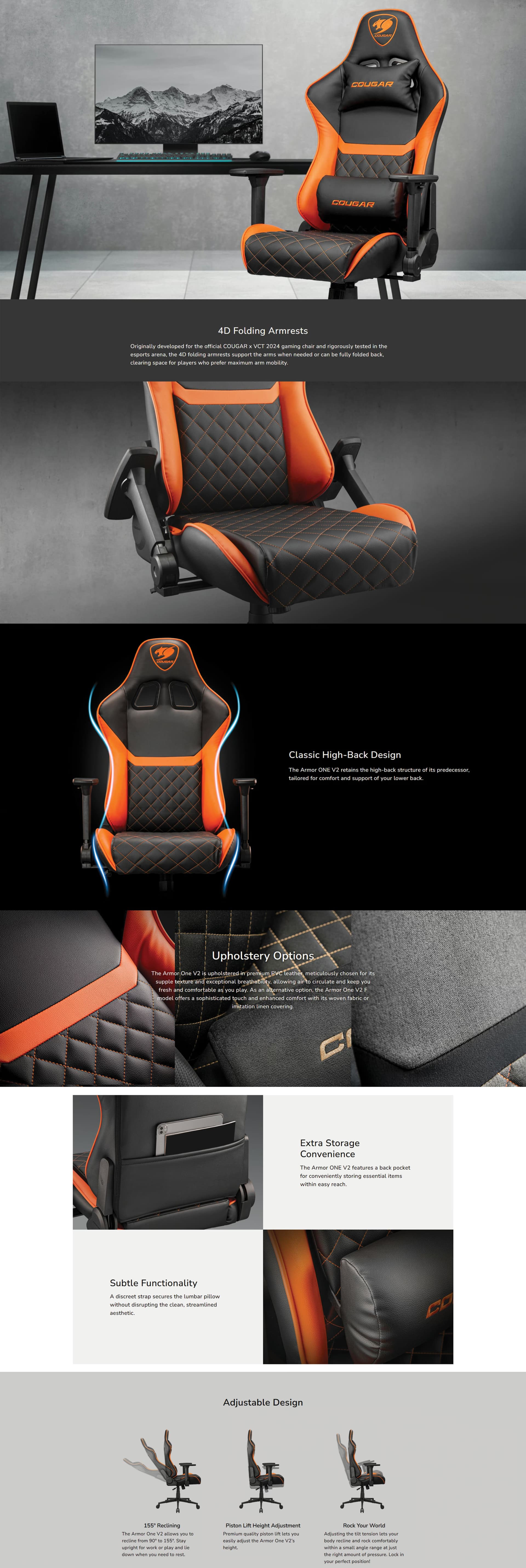 Cougar Armor One V2 Black professional gaming chair featuring a full steel frame, adjustable armrests, and 180° reclining.