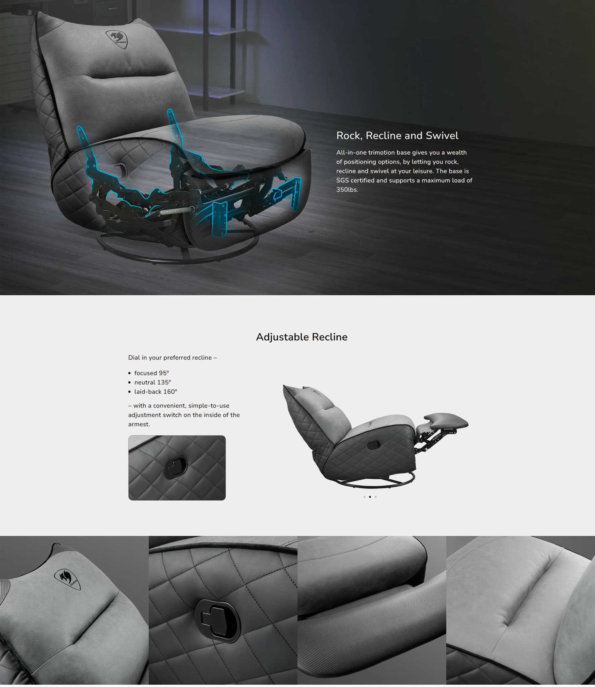 Cougar Overlord Neo gaming swivel sofa in black and orange featuring a reclining backrest, steel swivel base, and side storage pockets. overview