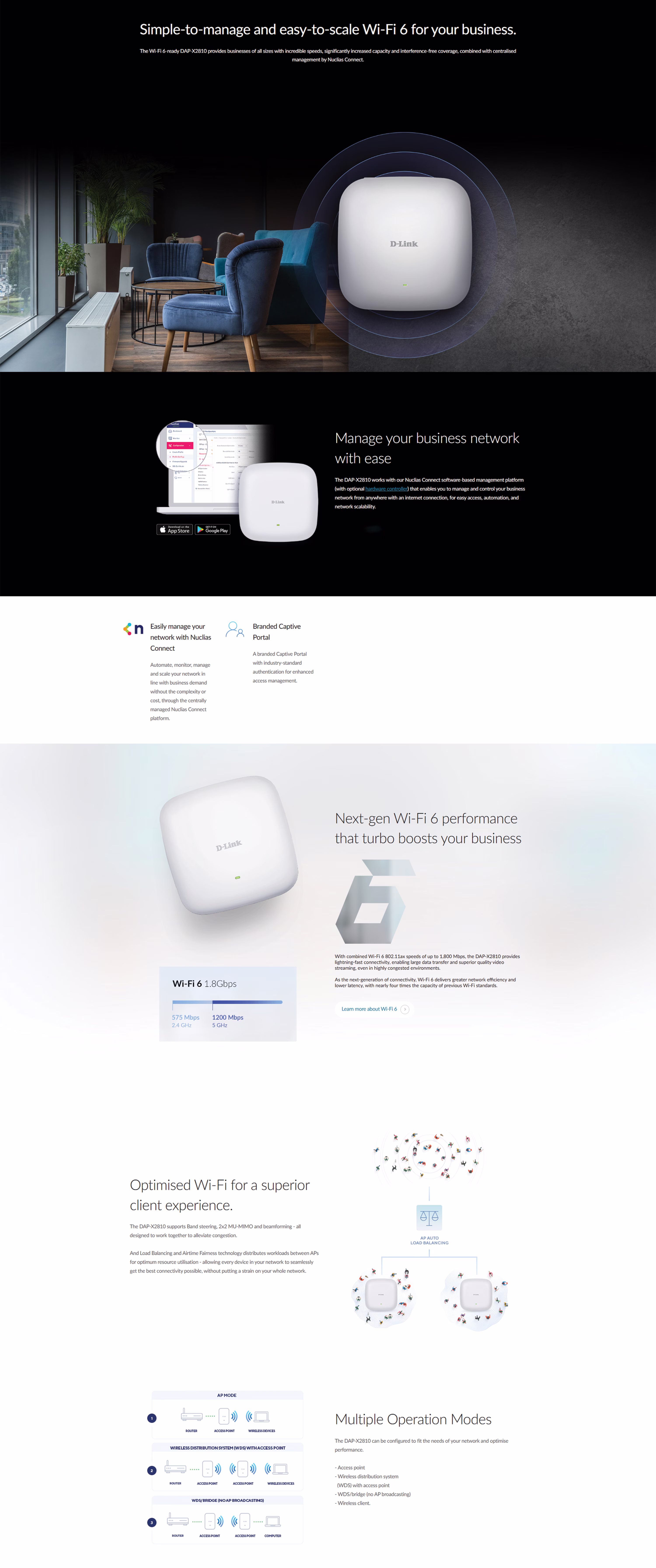 D-Link DAP-X2810 Nuclias Connect AX1800 Wi-Fi 6 access point front view in white showing the sleek low-profile ceiling-mount casing