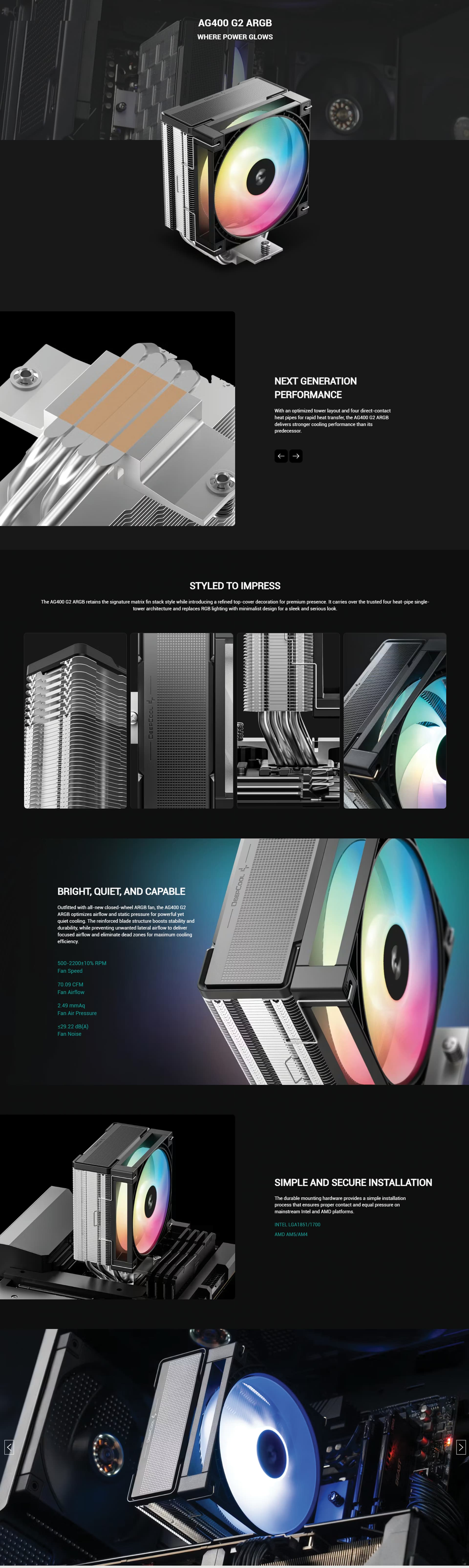 DEEPCOOLAG400G2ARGBUPERIORPERFORMANCE4HEATPIPESINGLETOWERCPUCOOLEROVERVIEWIMAGE