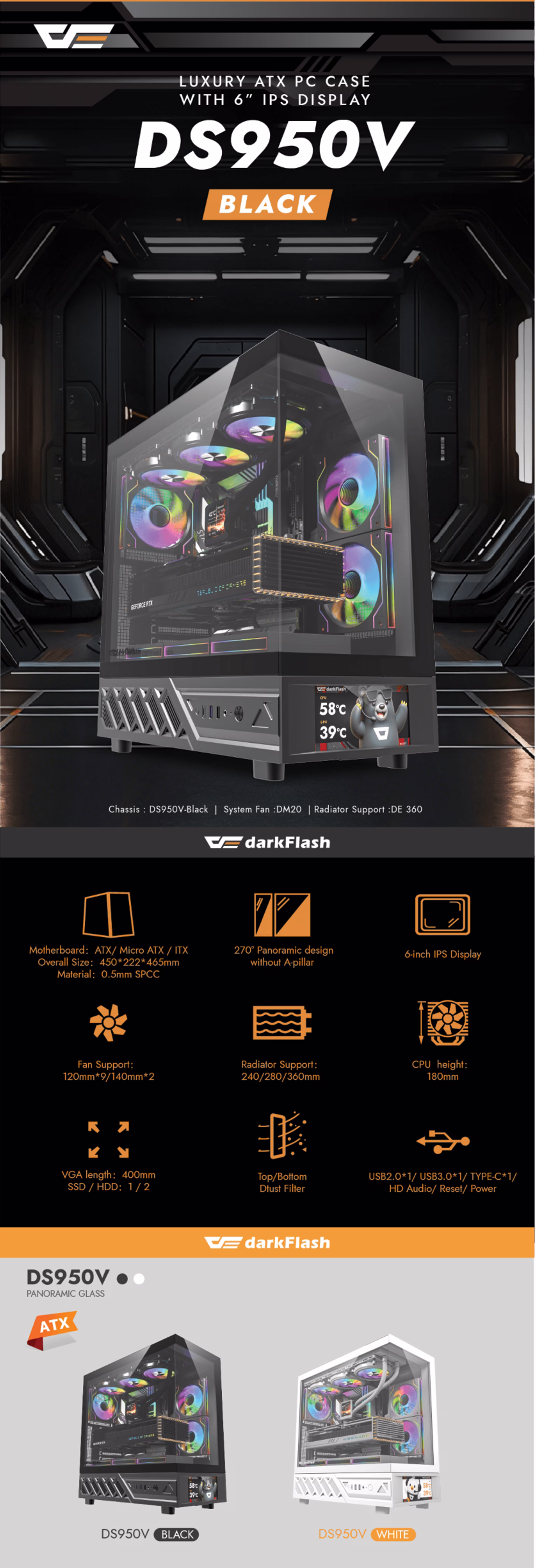 Darkflash DS950V Black panoramic gaming case featuring a pillarless glass design and six pre-installed ARGB fans.