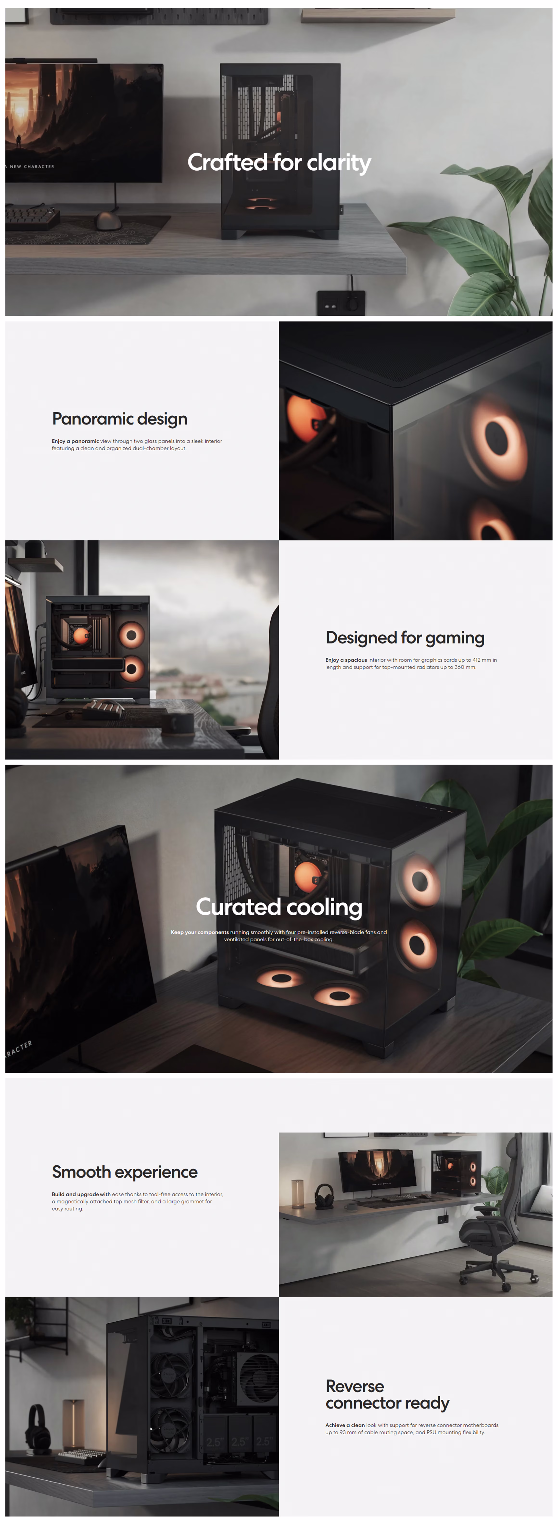 Fractal Design Pop 2 Vision RGB White PC case showing the wraparound tempered glass and four illuminated white Aspect 12X Reverse RGB fans