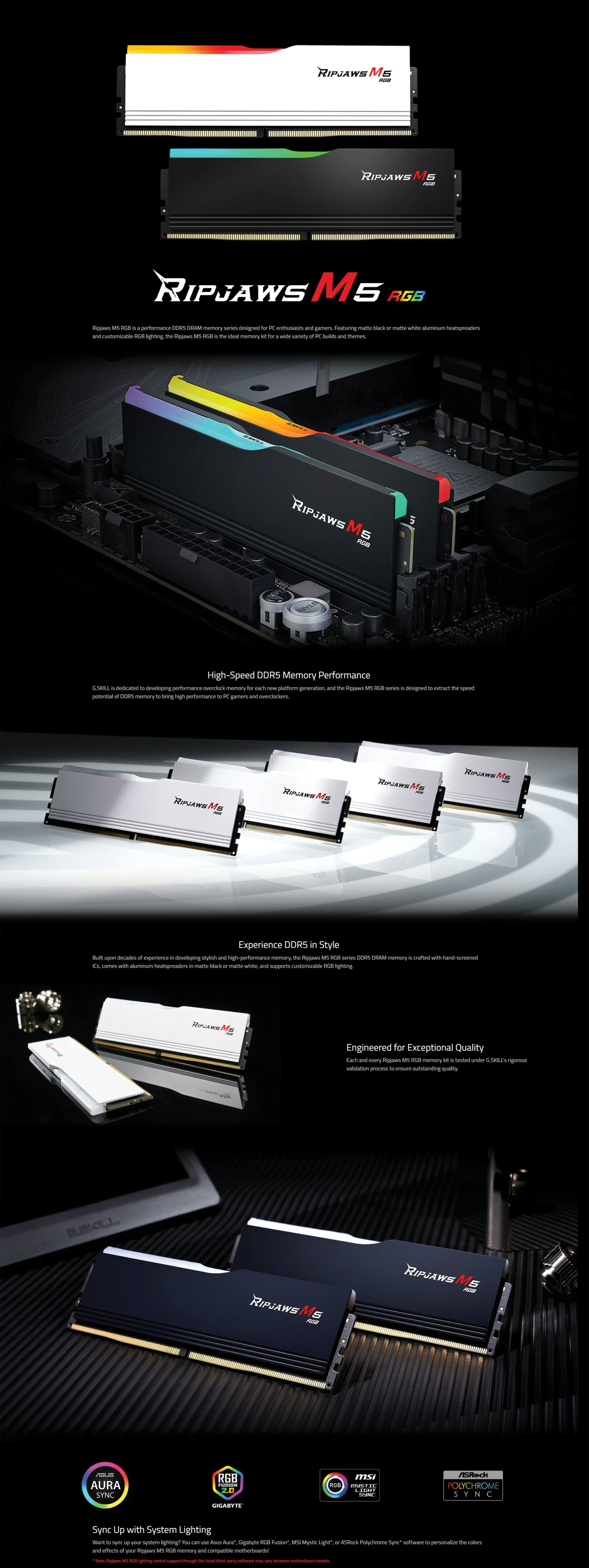 G.Skill Ripjaws M5 RGB 96GB DDR5 6400 Black kit featuring the matte black heatsink and illuminated RGB light bar.